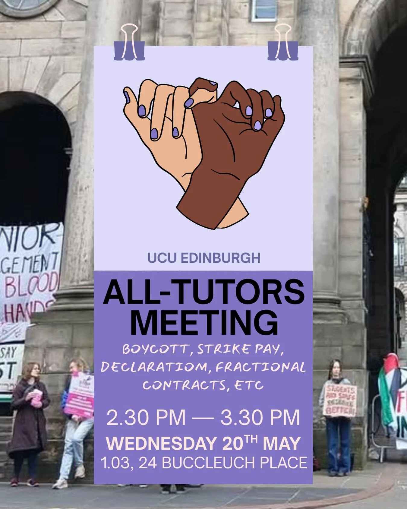 *UCUE University-Wide Guaranteed Hours Tutors MAB Briefing Meeting* 

* Date: Wednesday 20th May
* Time: 2:30pm - 3:30pm
* Place: **1.08**, 24 Buccleuch Place (not 1.03 as it says in the image. Not wheelchair accessible sadly).
* Online option: DM fo