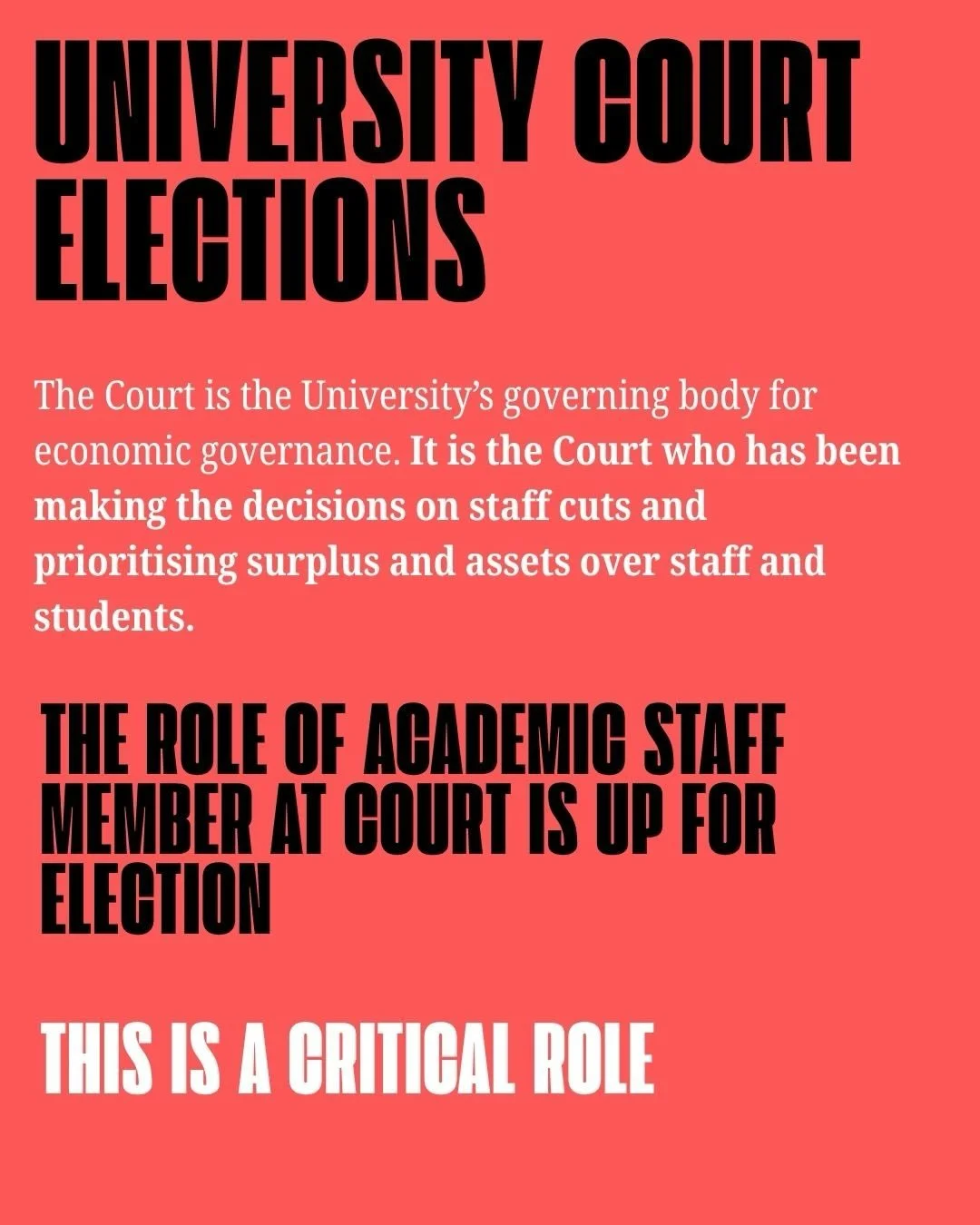 UNIVERSITY COURT ELECTIONS - academic staff member

If you are an academic staff member at the University of Edinburgh you will have received a link from Civica to vote for a new staff member to Court. This is a critical role.

candidate statements a
