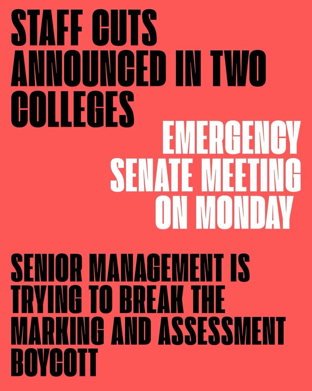 EMERGENCY - plans for staff cuts moving forward in 2 colleges, management is trying to break the boycott - Emergency senate meeting this Monday 25th May

@ucunion