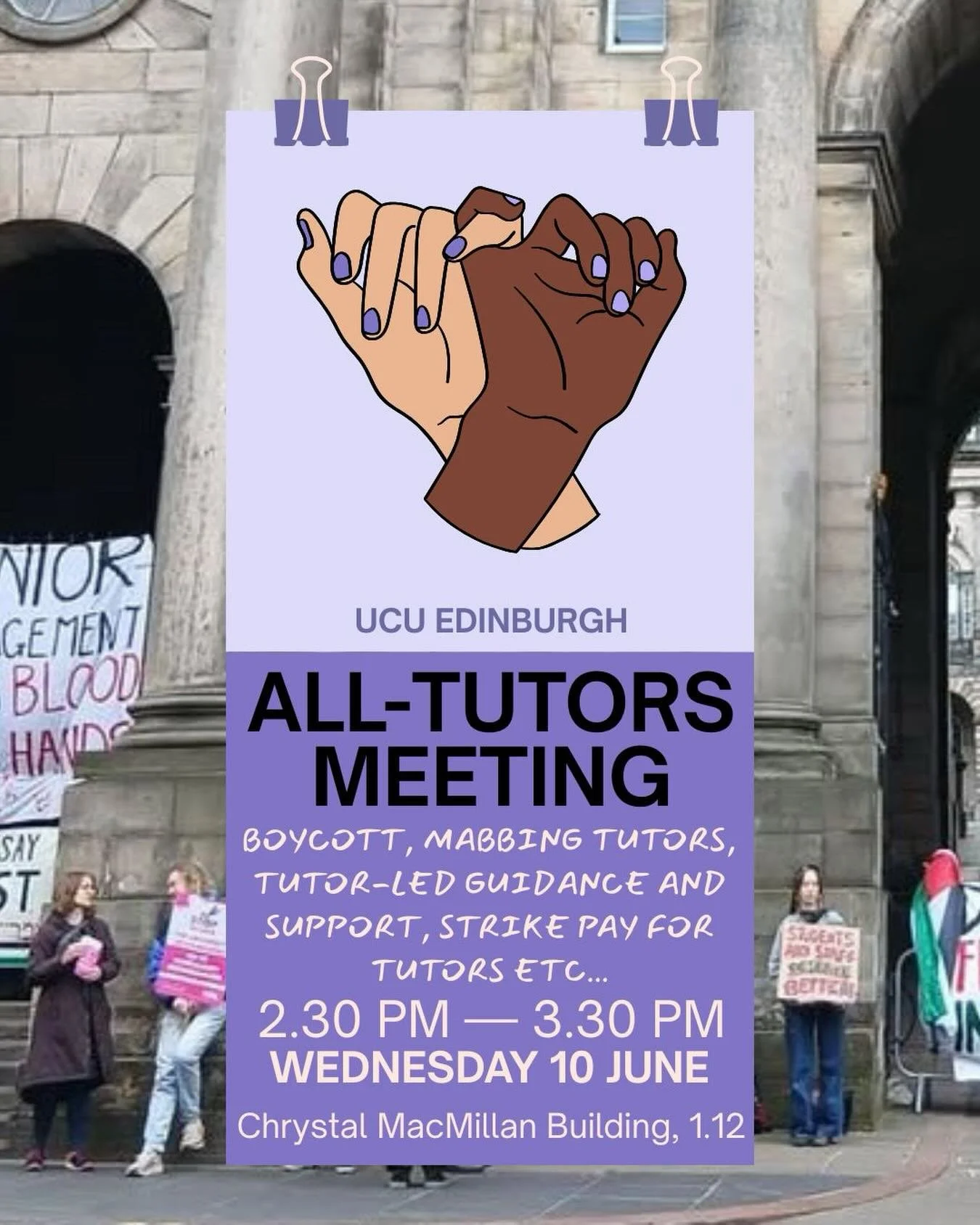 TODAY - TUTORS MEETING

🕰️ 2:30-3:30pm
📍 Chrystal MacMillan building, room 1.12
🌺 All tutors, PGR and hourly-paid staff welcome 

#ucu #edinburghuniversity