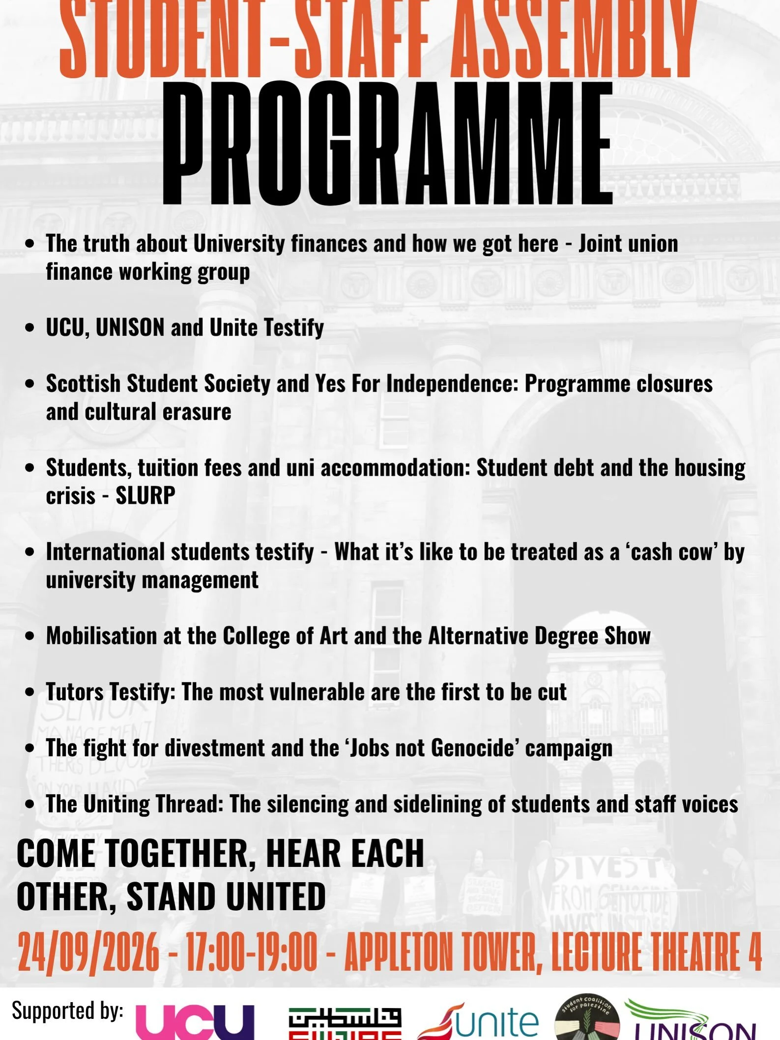 STUDENT-STAFF ASSEMBLY - PROGRAMME DROP

TODAY, 5pm

The truth about University finances and how we got here - Joint union finance working group

UCU, UNISON and Unite Testify @ucunion @unisonscot @unitetheunion 

Scottish Student Society and Yes For