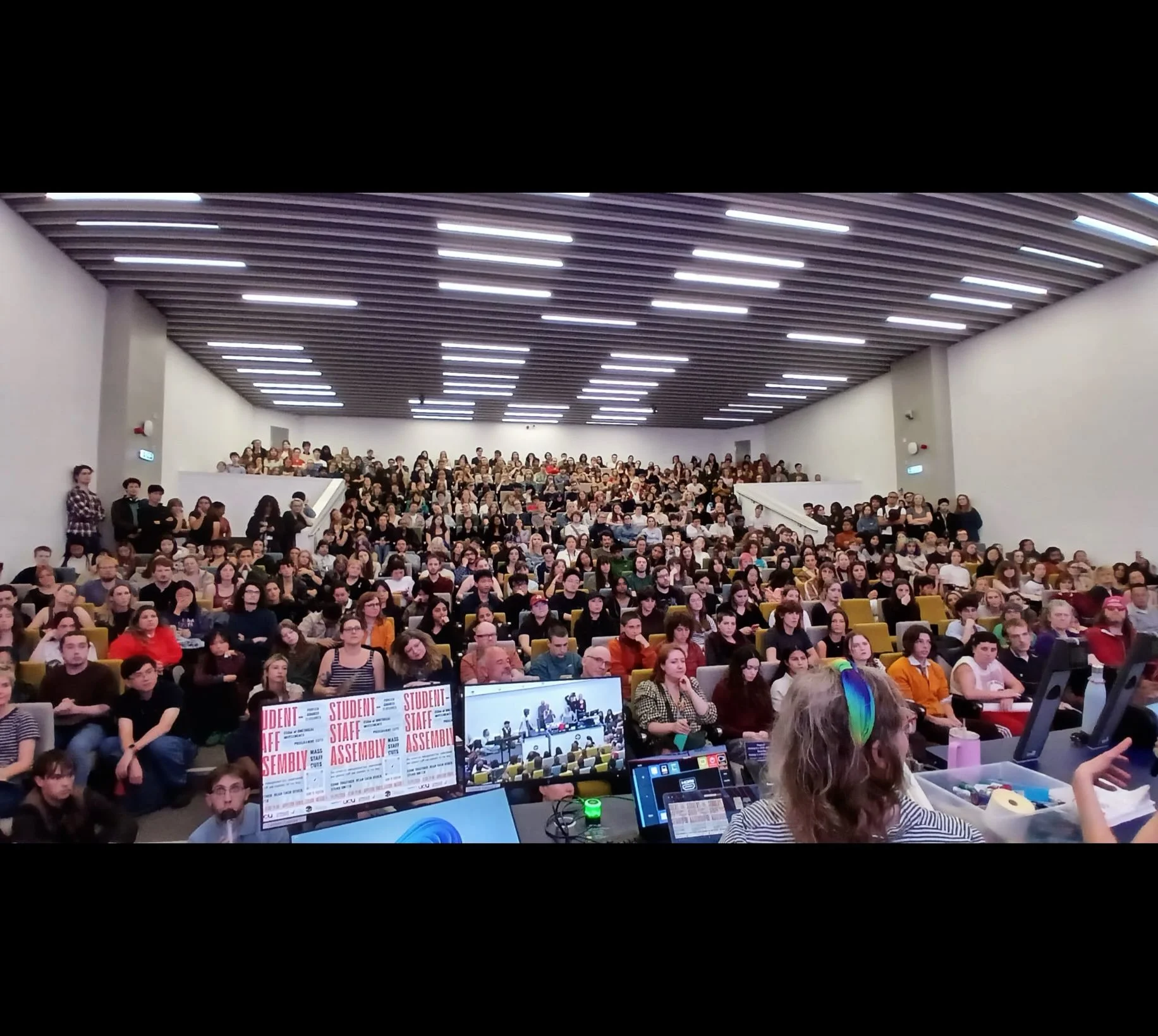 Over 900 students and staff gathered for the inaugural Student &amp; Staff Assembly on Thursday 24 September. 

The pre-booked lecture theatre with a capacity of 300 was quickly overwhelmed, with the overflow filling another one of similar-size and a