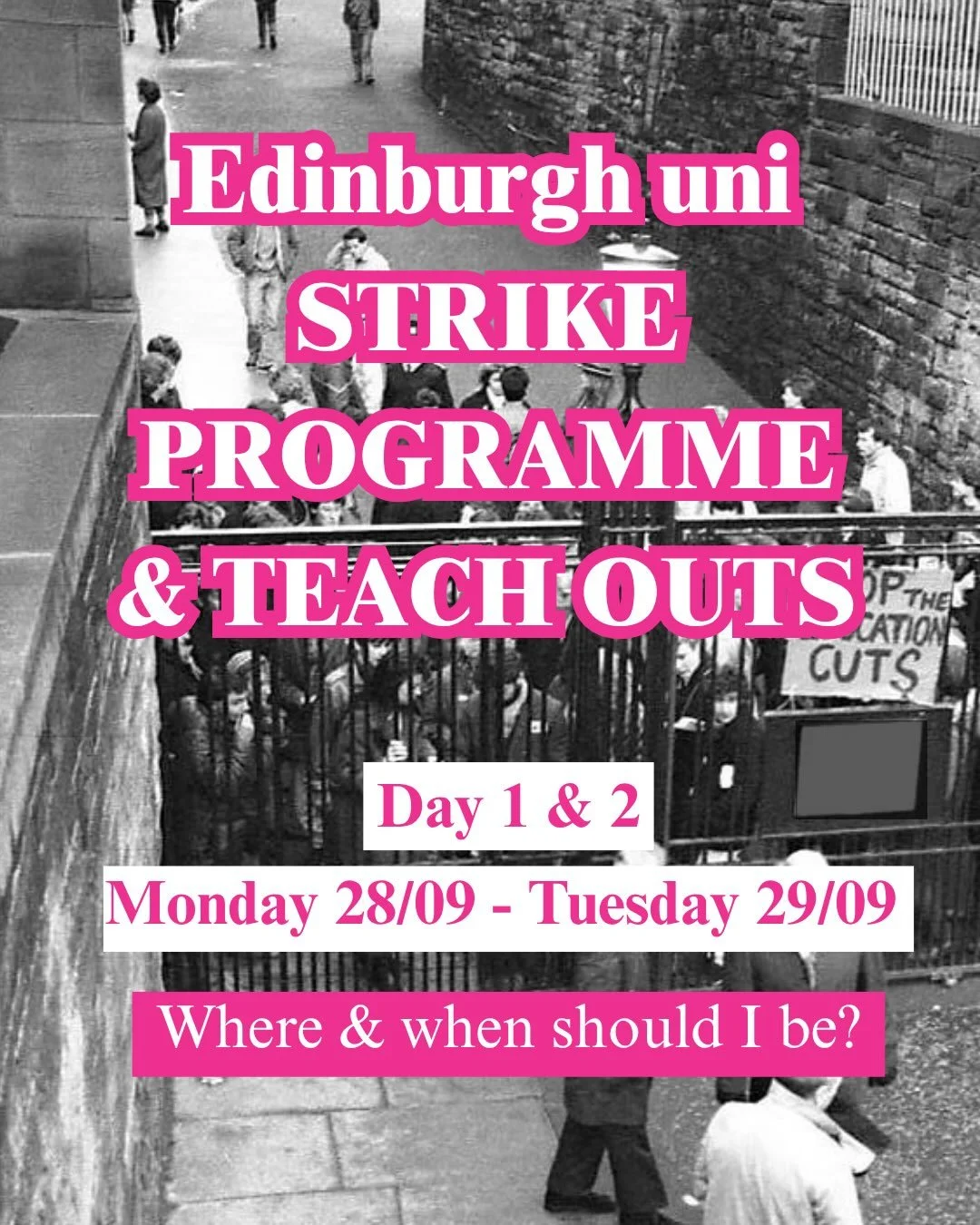 STRIKE PROGRAMME &amp; TEACH-OUTS
DAY 1 &amp; 2 - Monday 28th September &amp; Tuesday 29th September

Since management refuses to listen to staff and students - we decide what matters

On strike days, striking staff from across the uni and student so