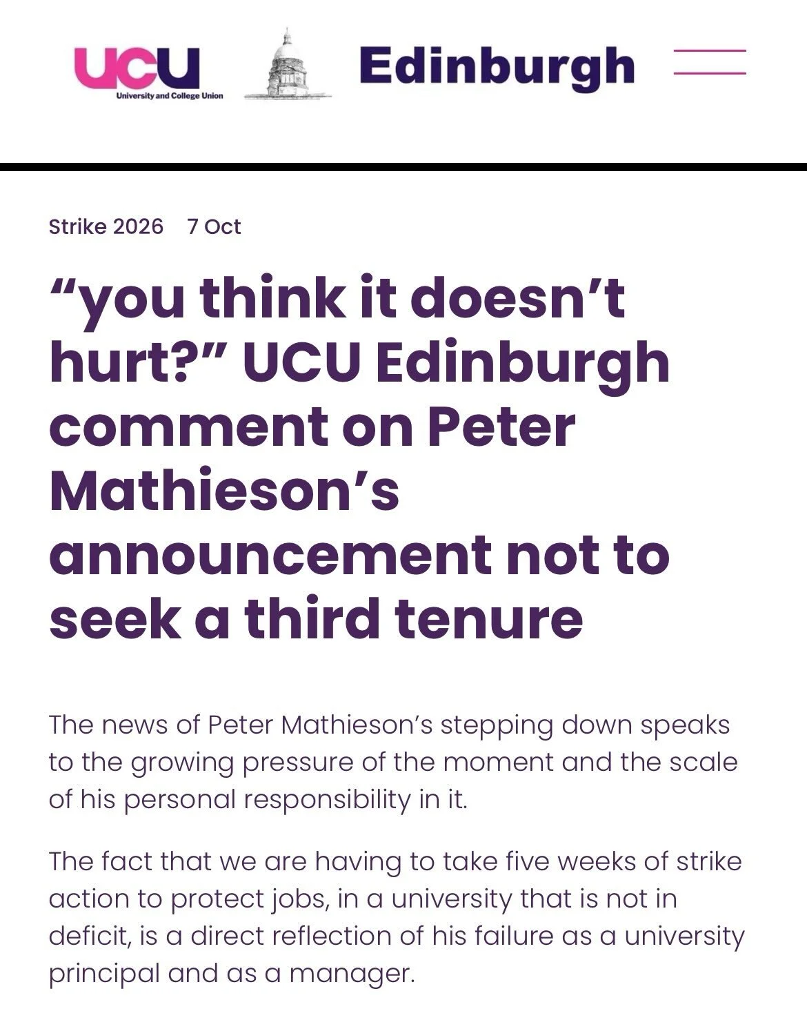 [link in bio] &ldquo;you think it doesn&rsquo;t hurt?&rdquo; UCU Edinburgh comment on Peter Mathieson&rsquo;s announcement not to seek a third tenure