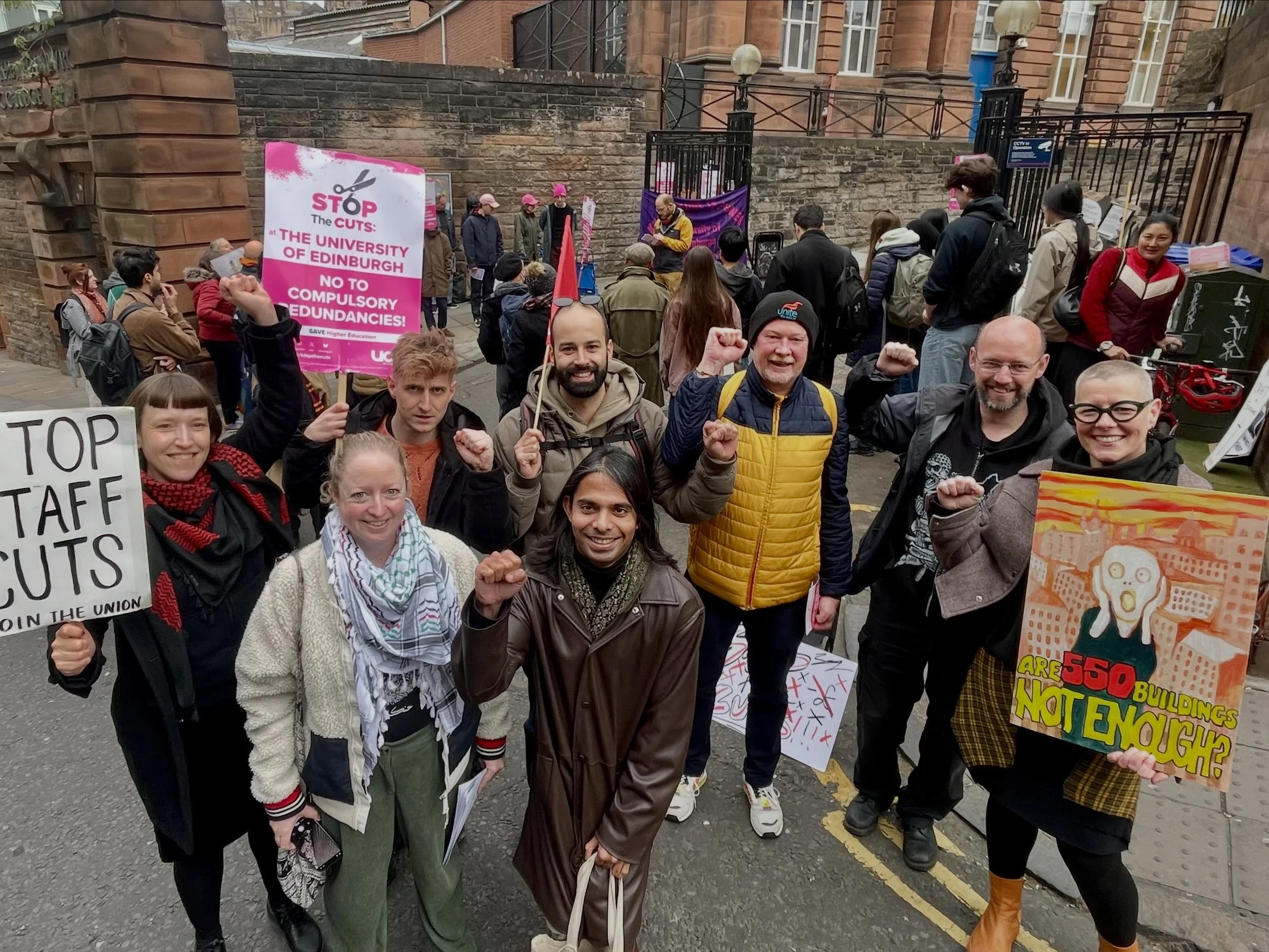 Monday 12.10.2026 | Richard Cawker and Jo&atilde;o Reis from Unite&rsquo;s City of Edinburgh branch  @unitececbranch, and Scottish Greens MSPs Q Manivannan @q.ueering and Kate Nevens @katenevensgreens on the ECA picket, with UCU Edinburgh Co-Presiden