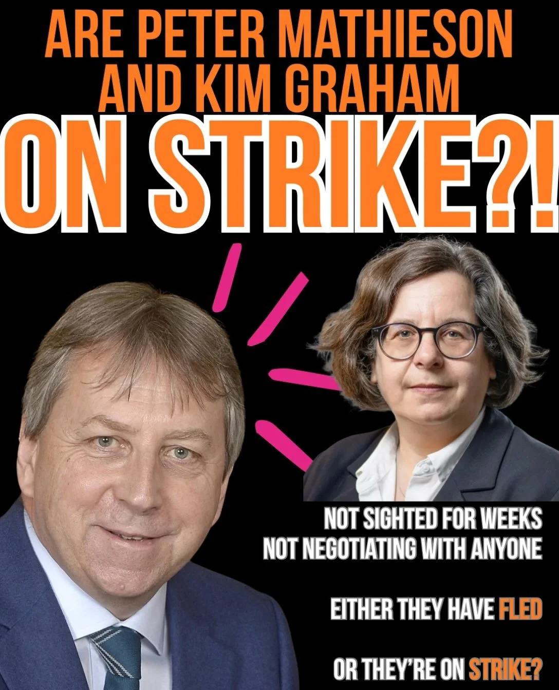 WHERE ARE THEY?
Our principal Peter Mathieson and our provost Kim Graham have been awol for weeks

Did they flee? Are they on strike? 

Comment your best guess below ⬇️

#whereyouat 
#negotiateffs
#strike 
#edinburgh 
#universityofedinburgh
