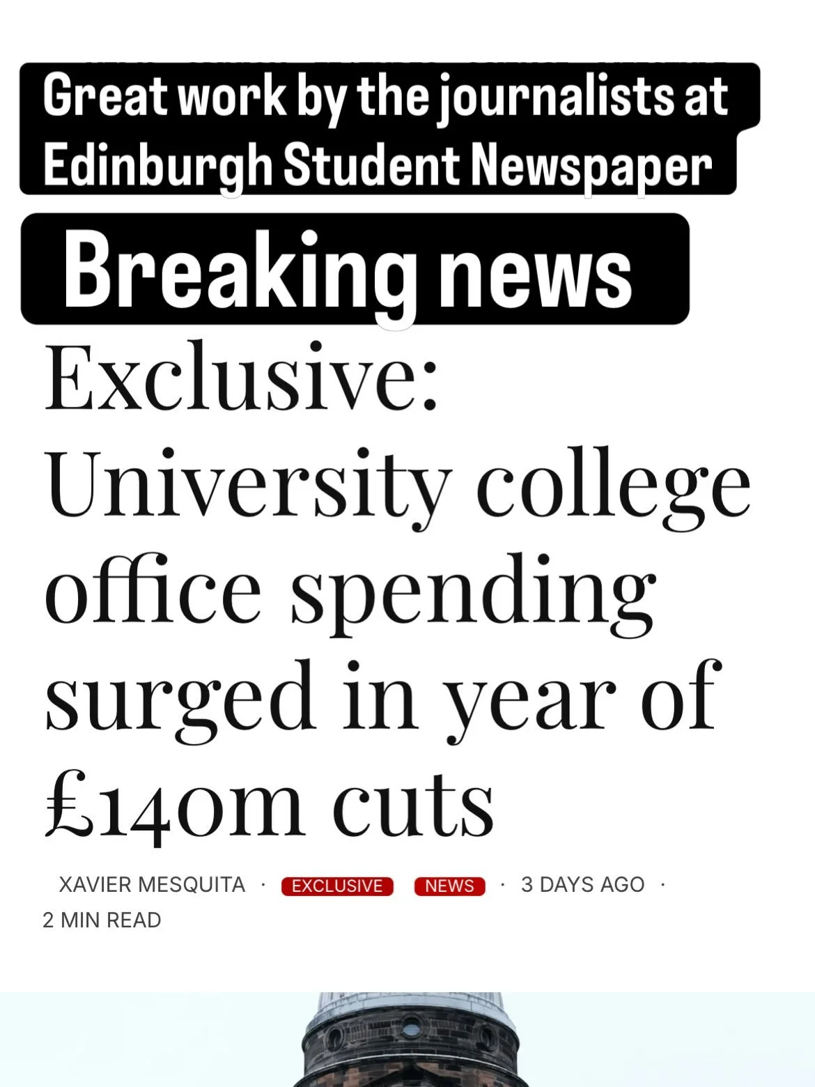 BREAKING NEWS released by the Edinburgh Student Newspaper

In the same year that senior management announced the &pound;140m of cuts including &pound;90m of staff costs - they massively increased the budget of college office management. They won&rsqu