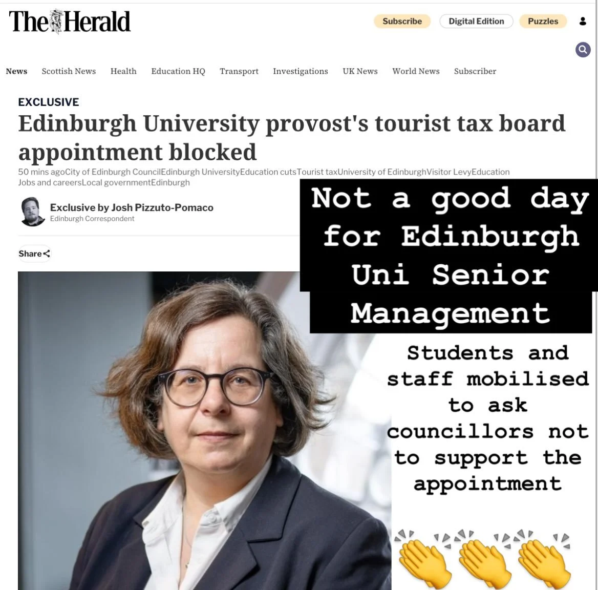 Breaking news:: KIM GRAHAM&lsquo;s APPOINTMENT to the visitor levy forum BLOCKED BY EDINBURGH COUNCIL following student and staff mobilisation against and combined amendment by Greens and SNP councillors.
👏👏👏