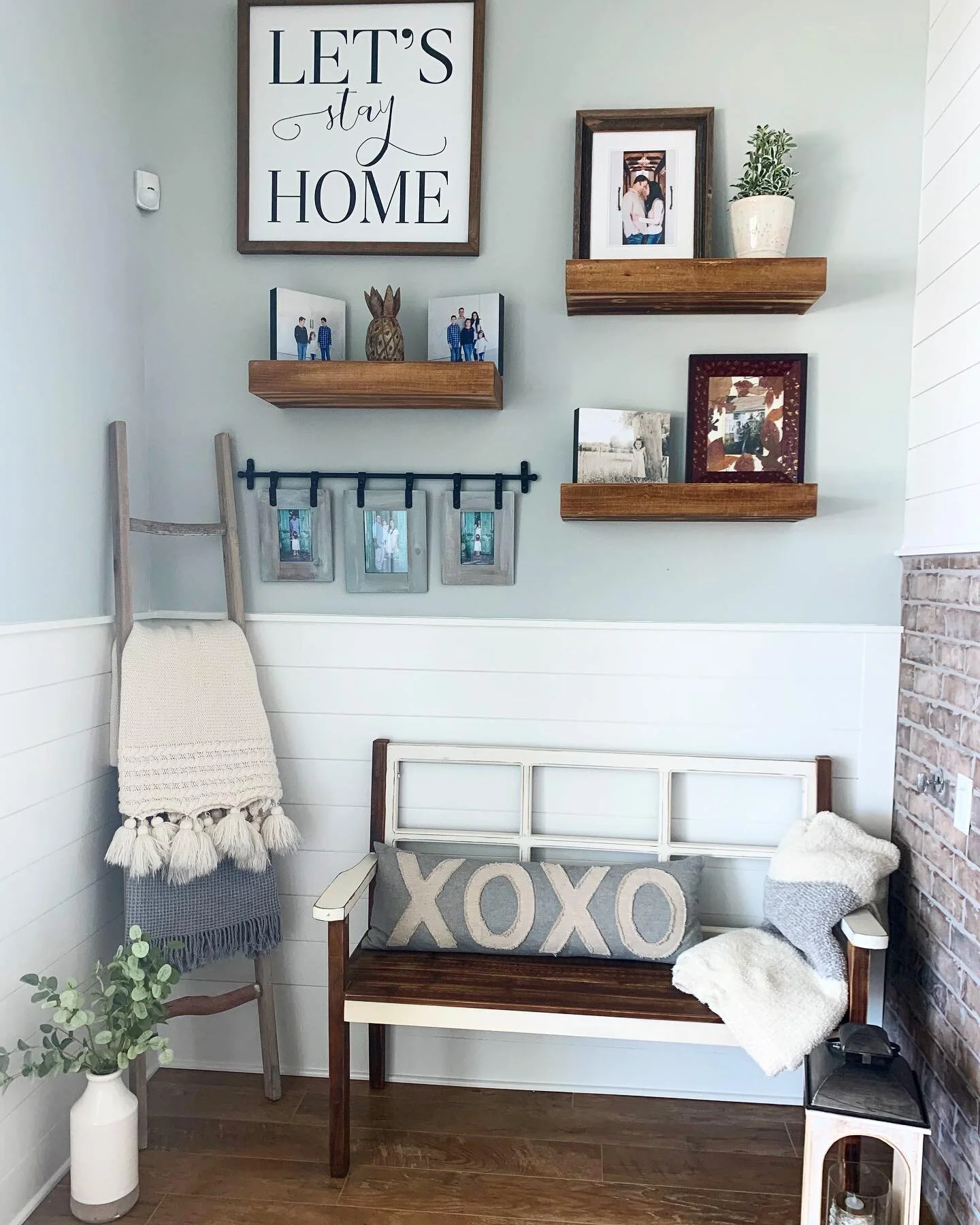 There is nothing like have a cozy corner in your home.💛 I found many of these items from Kirklands and Home Goods. This little corner in our home is not only a place to sit, but its home to many family photos, blankets, and greenery from within the 