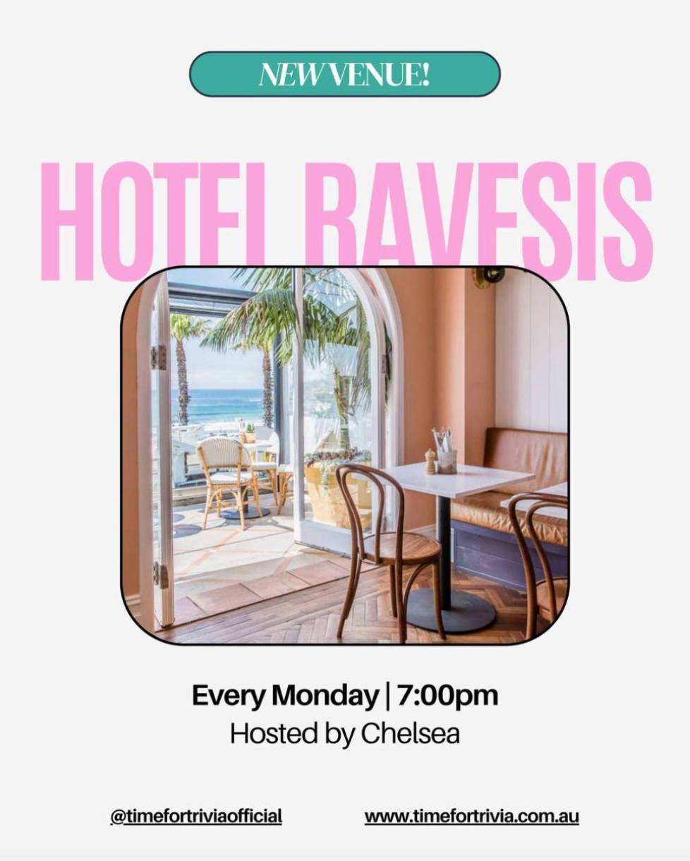 Join us at @hotelravesis every Monday for FREE trivia, with lots of games and prizes to be won!

🗓️ Every Monday
🕒 7:00pm
🎙 Hosted by Chelsea

See you there! 🥳🕺

#bondibeach #bondi #sydneyevents #freeevents #whatsoninsydney #bonditrivia #bondibe