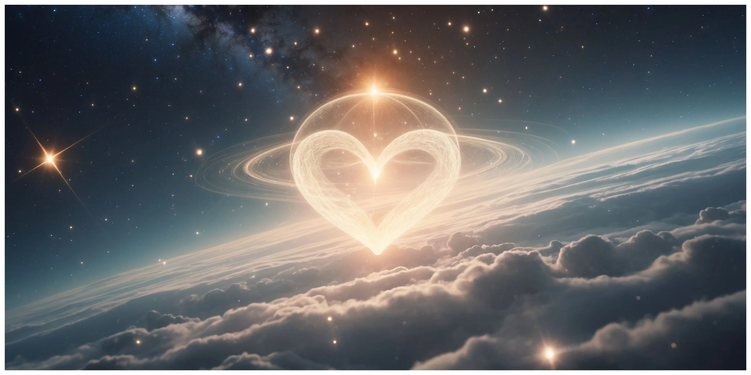 A glowing heart-shaped formation with a cosmic background of stars and nebulae, over cloud layers in space.