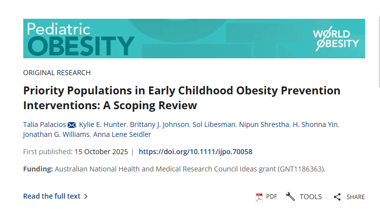 NEW PUBLICATION - Priority Populations in Early Childhood Obesity Prevention Interventions: A Scoping Review