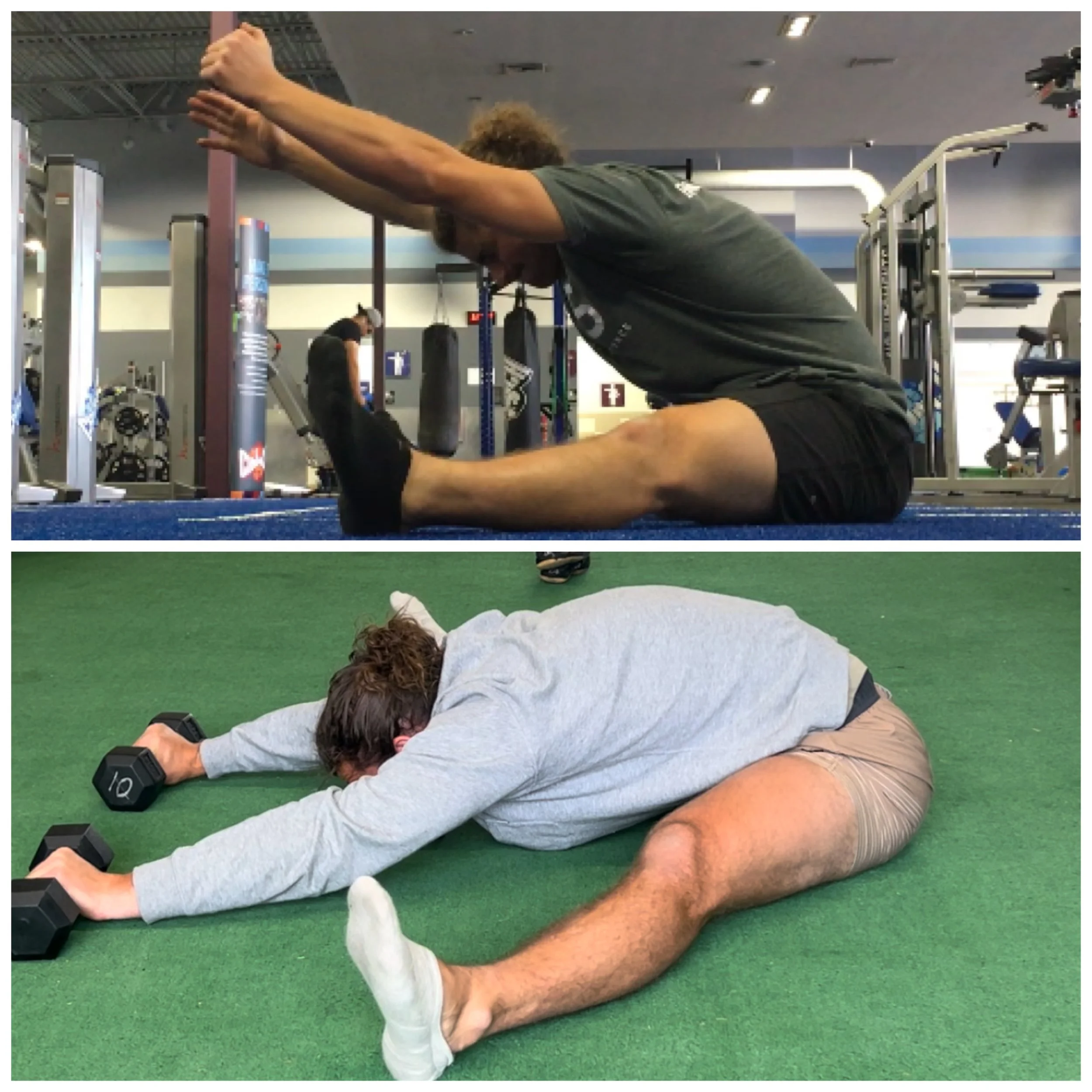 A man in a gray shirt and white socks doing a stretching exercise on a green gym floor, with dumbbells nearby, in a gym.