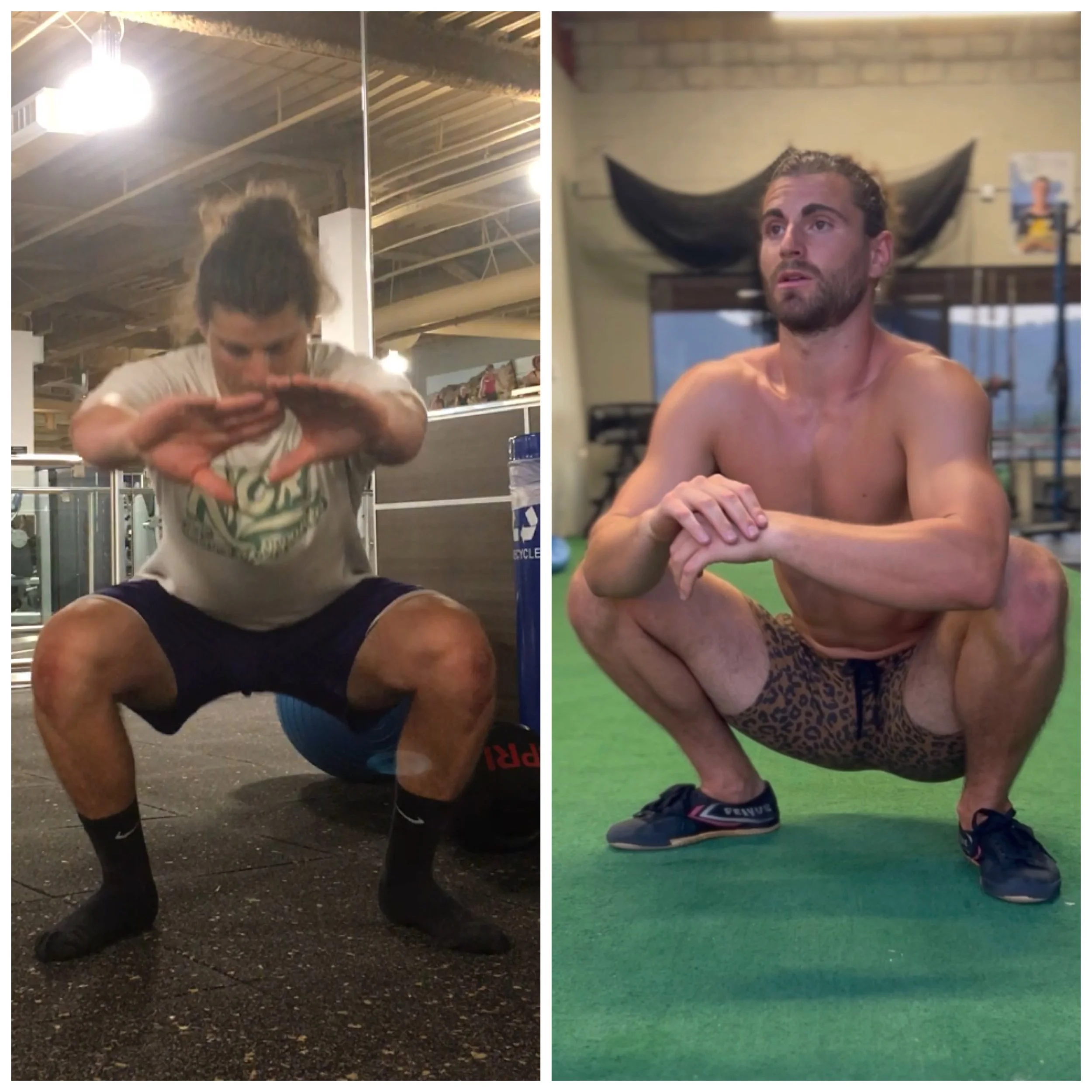 Comparison of two individuals performing push-ups; the person on the left is in a gym under bright lighting and has curly hair tied up, while the person on the right is shirtless on a green gym mat with a large decorative horned wall hanging behind h
