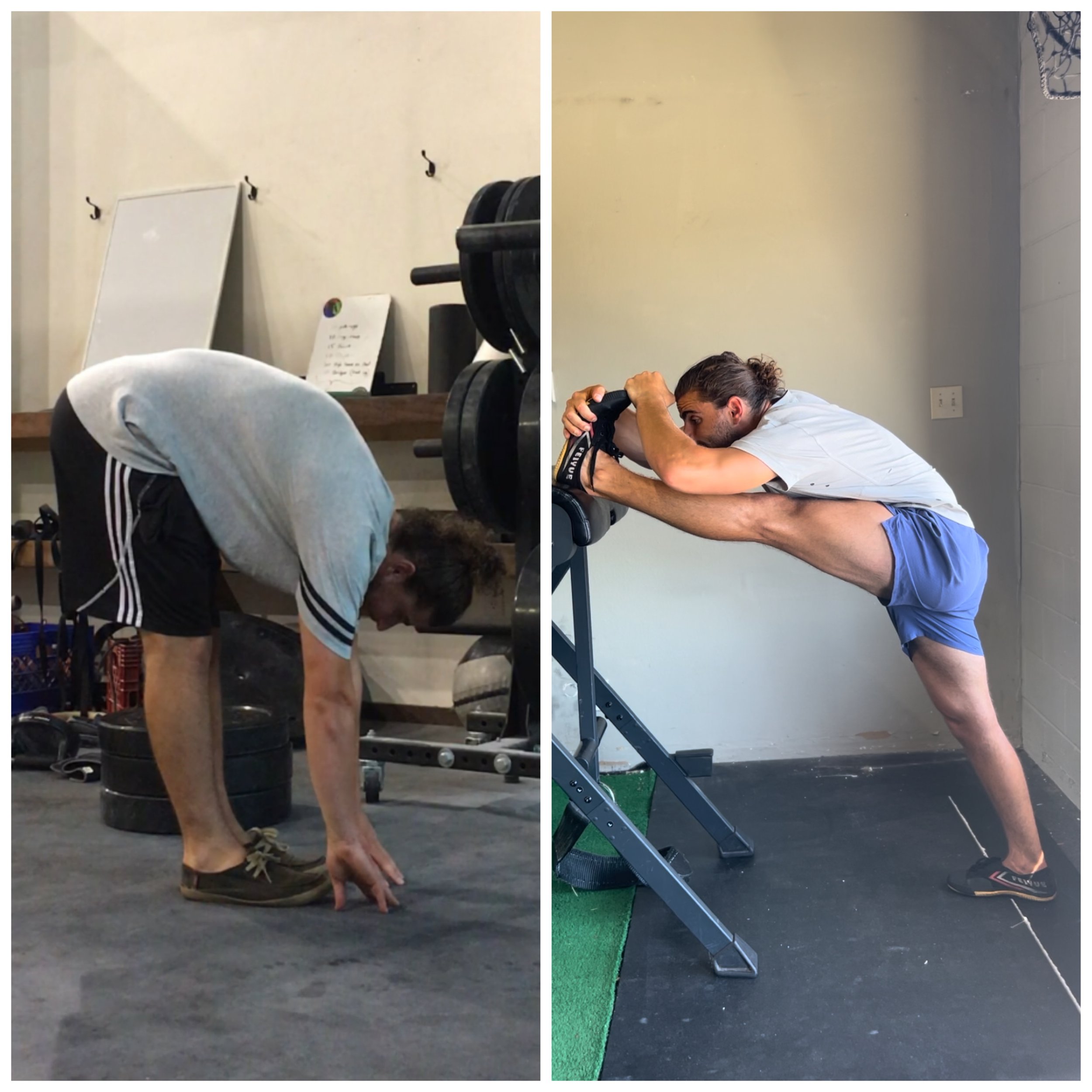 Side-by-side photos of a man with brown hair performing stretching exercises in a gym. The left photo shows him stretching with his hands on the floor, bent over, wearing a white shirt and black shorts with white stripes. The right photo shows him le