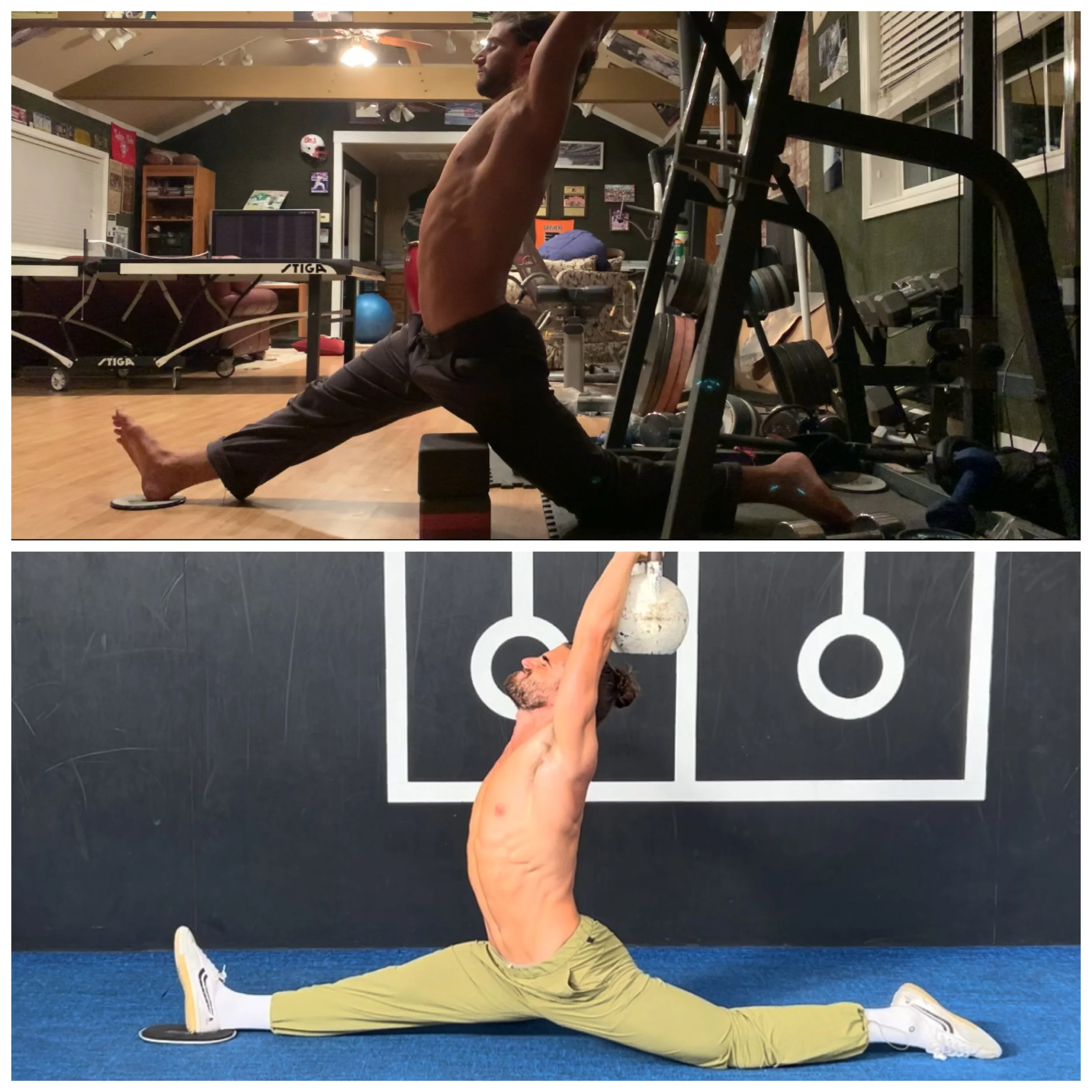 A shirtless man performing a yoga pose on a mat in a room with exercise equipment and a blue carpeted floor.