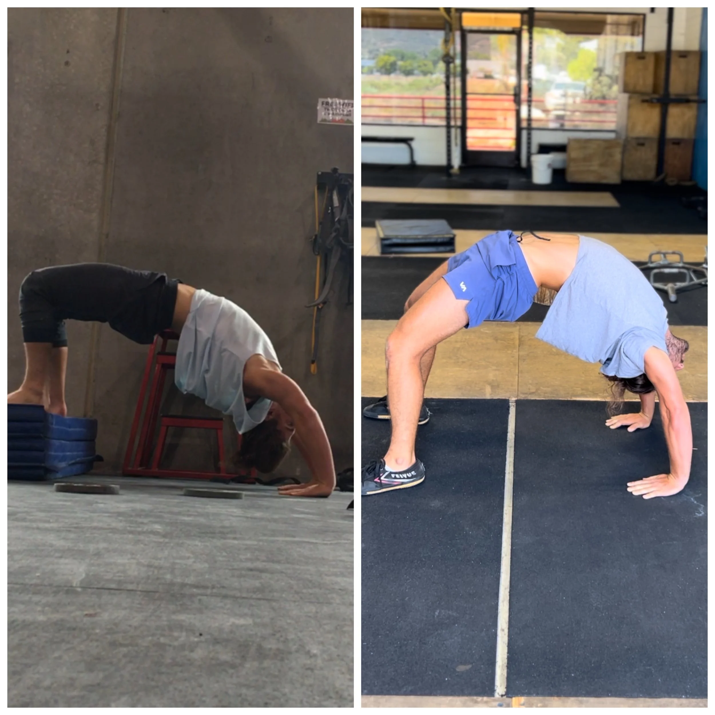 Side-by-side comparison of a person doing a plank exercise on a rubber gym floor, with the left image showing the person wearing black and white clothing and the right image showing the person in a blue and gray outfit, in a gym with wooden boxes, a 
