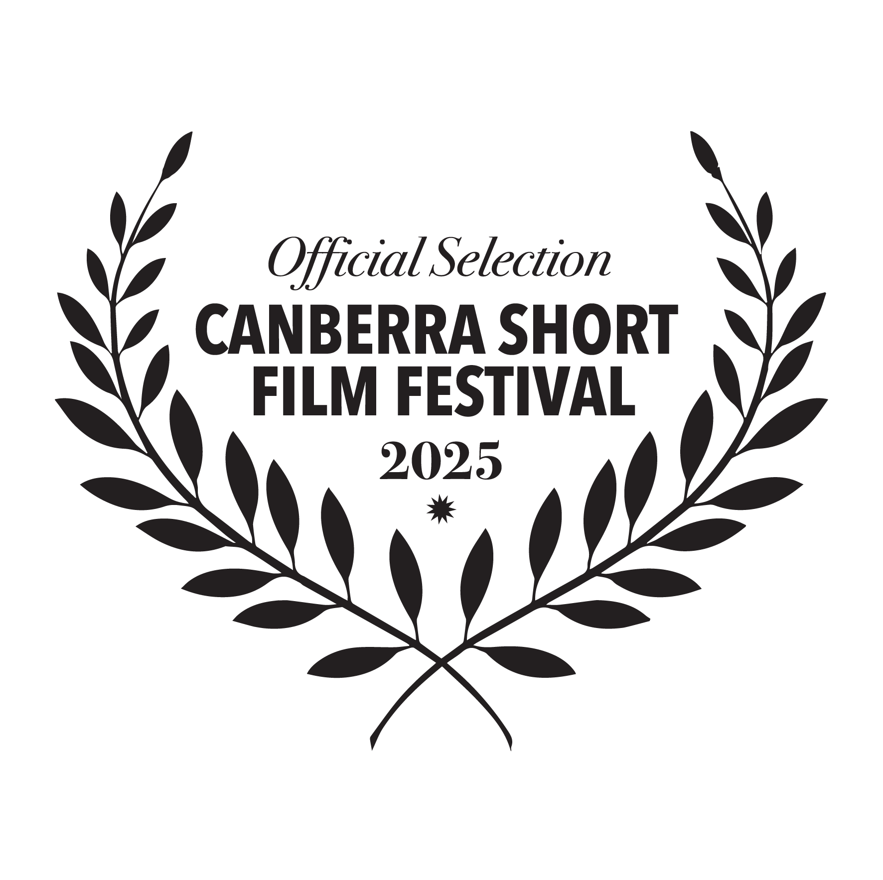 Black and white award emblem for the 2025 Canberra Short Film Festival featuring a laurel wreath and text.