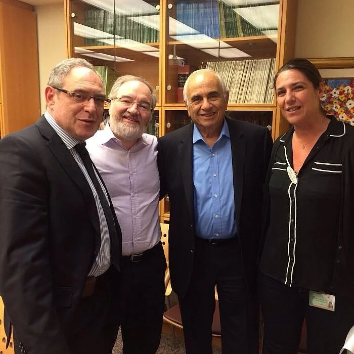 At the picture: Dr. Efrat Harlev, SCMCI deputy director, Mr. Israel Makov, Friends of Schneider president, Mr. Elio Moti Sonnenfeld, Friends of Schneider board member and Prof. Joseph Press, SCMCI director.