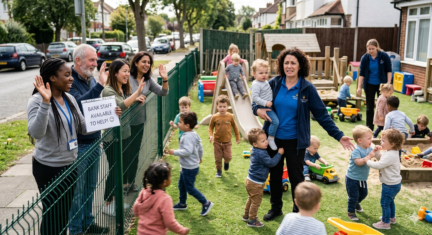 A nursery manager is looking overwhelmed looking after too many children in the nursery's garden. Outside, some bank staff are showing they are available to help