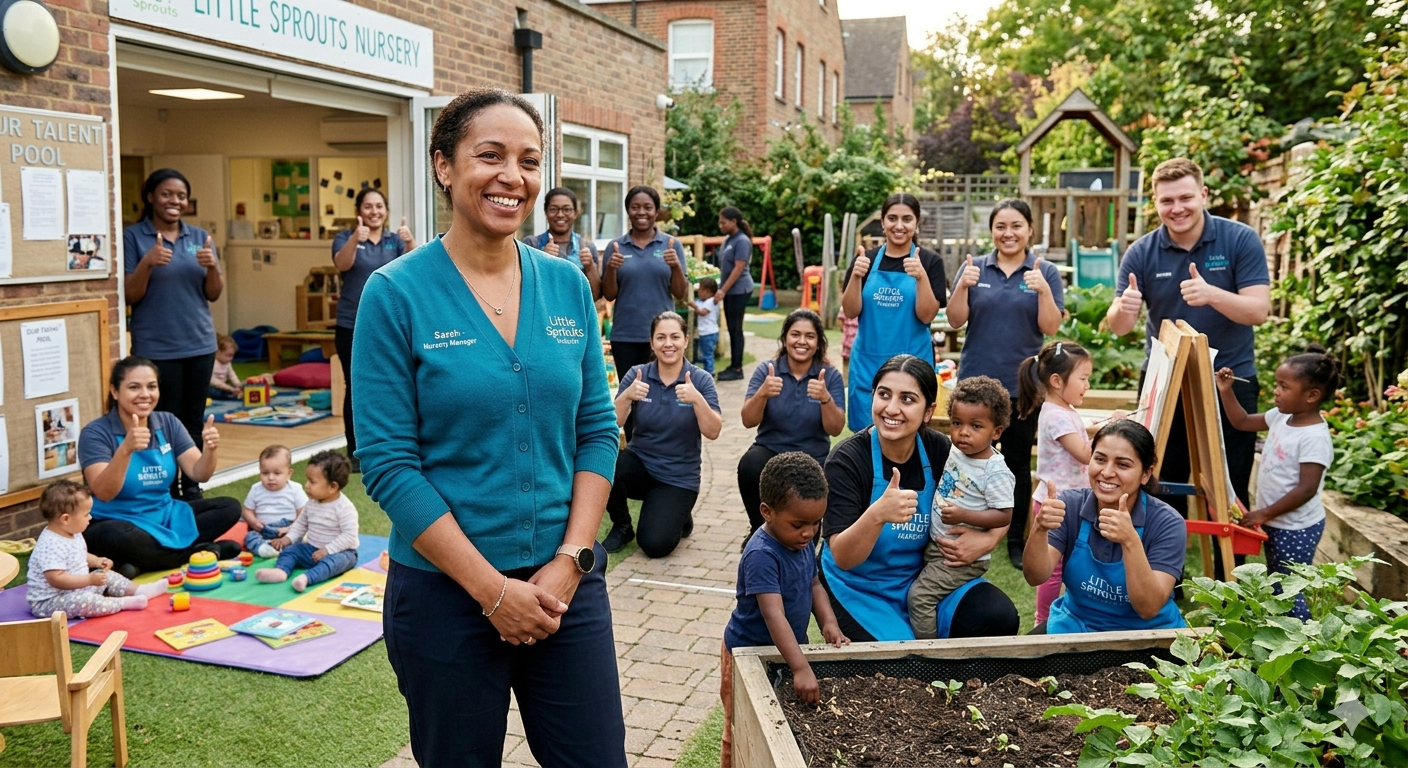 Nursery manager Sarah stands with her team of early years practitioners and children at Little Sprouts Nursery, all giving thumbs up in the outdoor garden area
