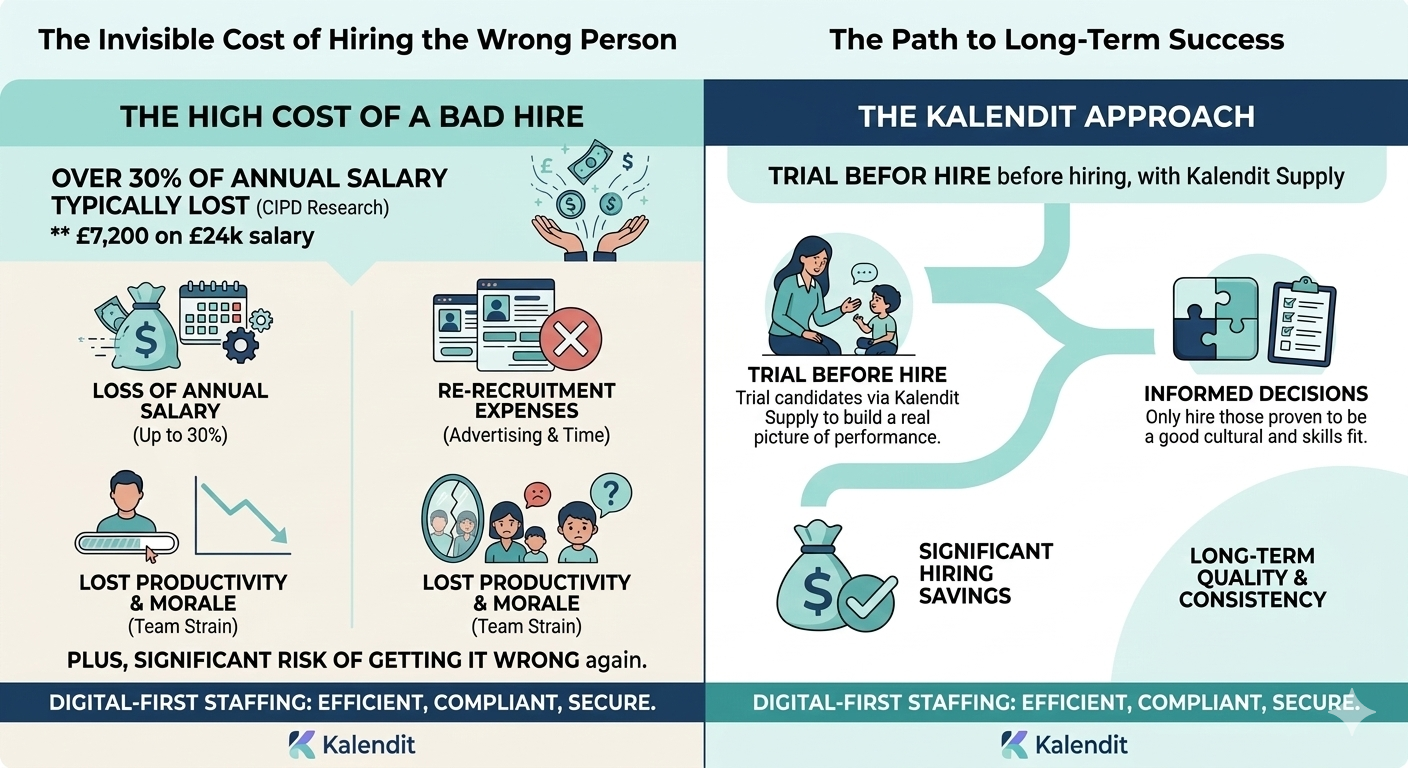 According to CIPD research, the cost of a bad hire is typically around 30% of annual salary. On a £24,000 salary, that is £7,200: notice periods, re-recruitment, lost productivity, and the disruption to your team and the children in their care.
