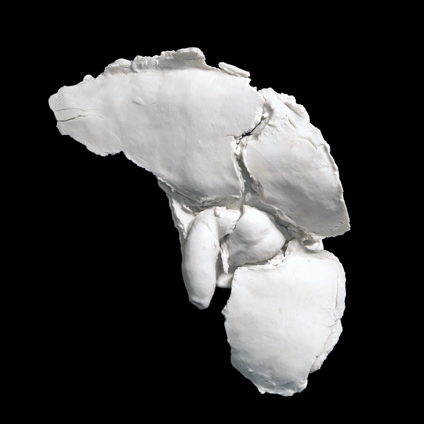 White fragmented porcelain figure seen from above against a black background.
