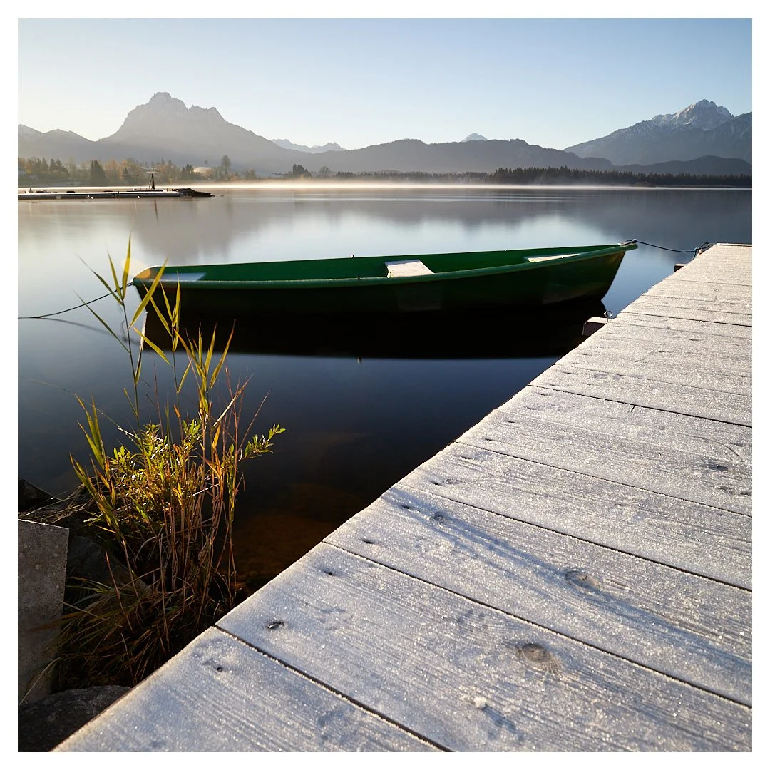 Allgäu Hopfensee Boot Sonnenaufgang