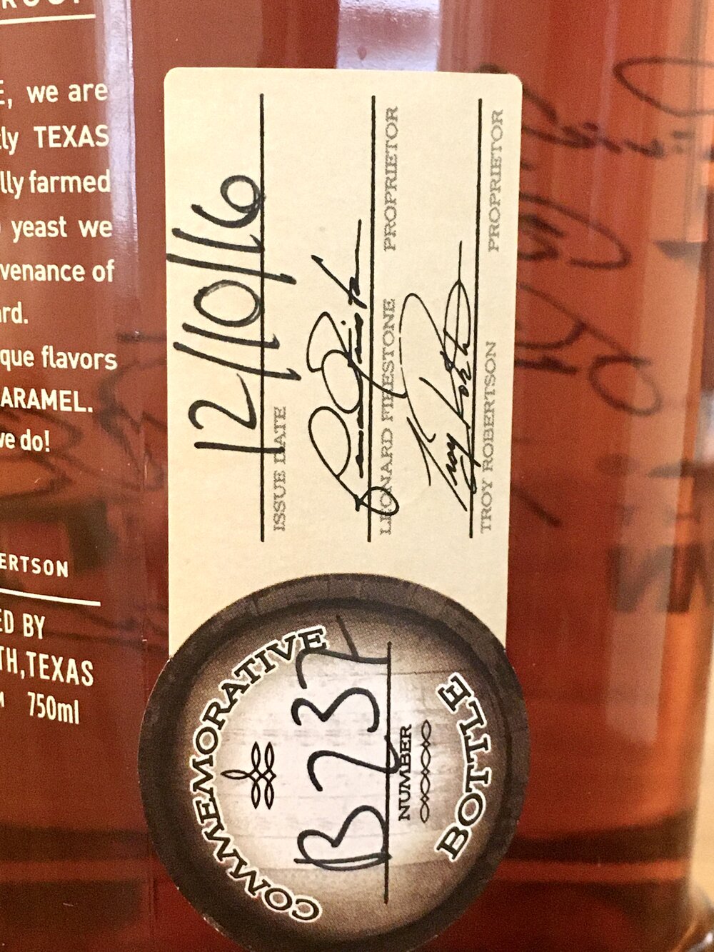 TX Bourbon Signed Label