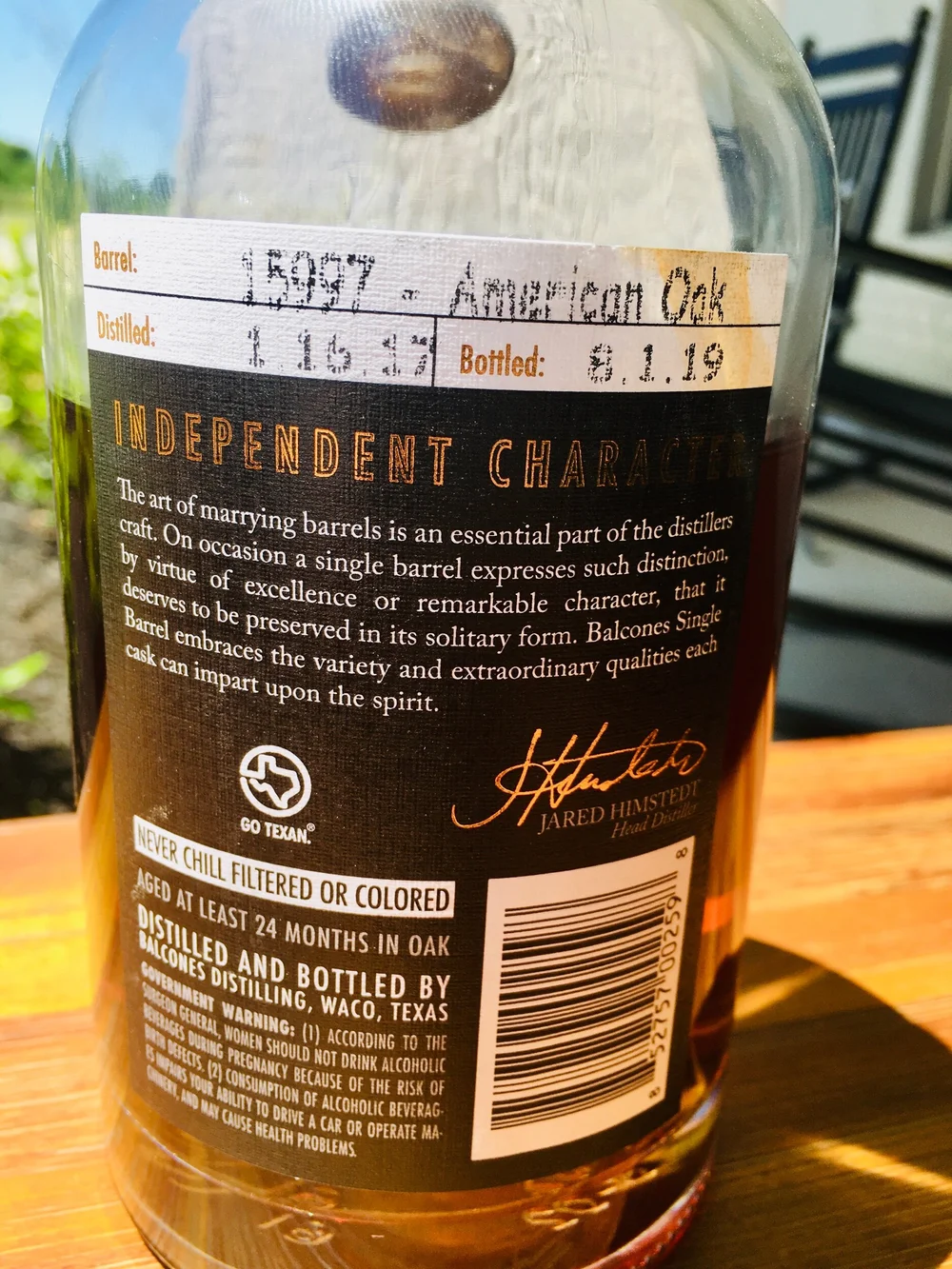 Balcones Single Malt Single Barrel Back Label (Copy)