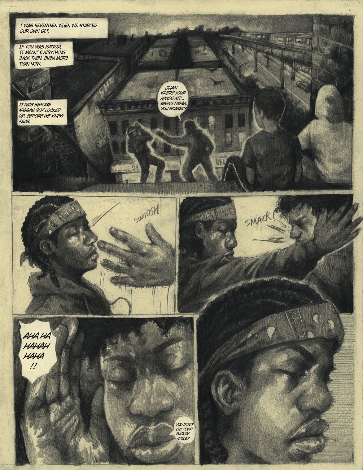 Page from the comic "Myron", written by Alfonso Morgan-Terrero. Published as part of "Homesickness: A BIPOC Cinema Zine"