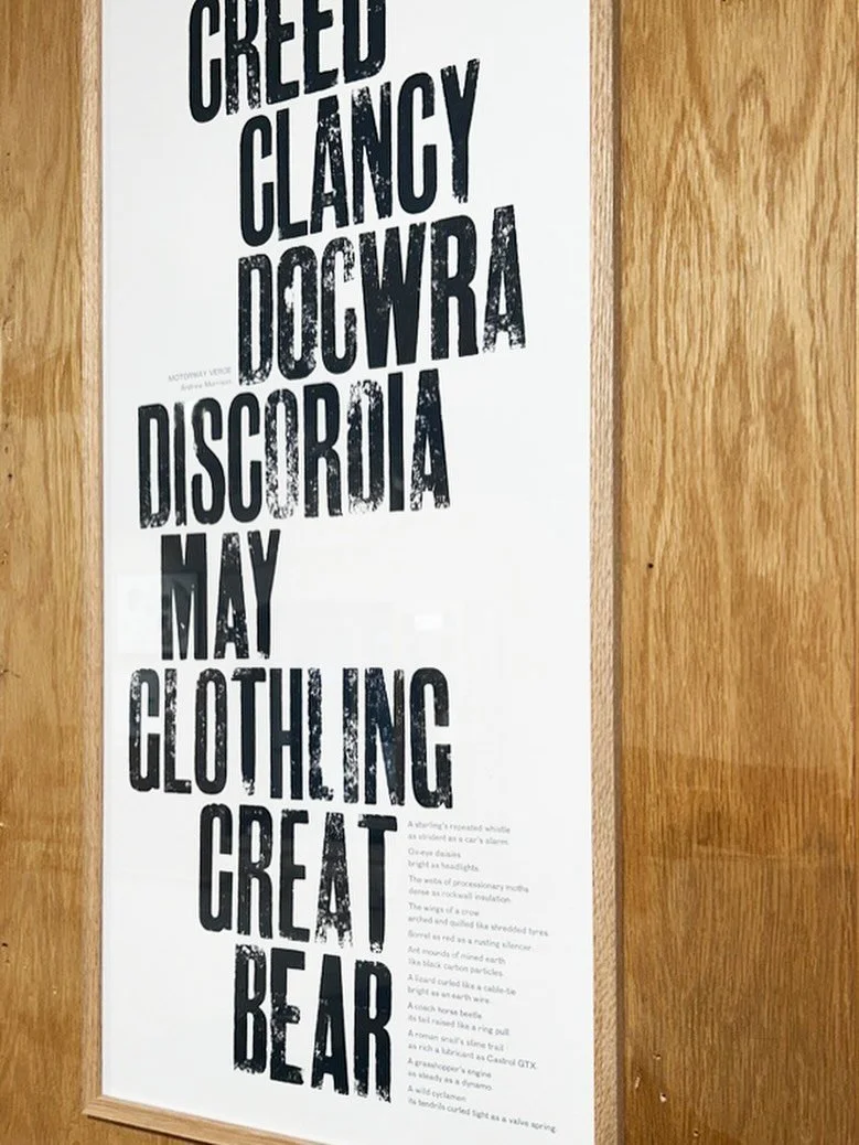 &lsquo;Roadside&rsquo; poem in response to a prompt by @ambling_press at &lsquo;Margins&rsquo; @ruskinmilltrustevents Nailsworth, until the 22nd December. #ruskinmill #nailsworth #margins #letterpress #woodtype #clancydocwra #mayglothling