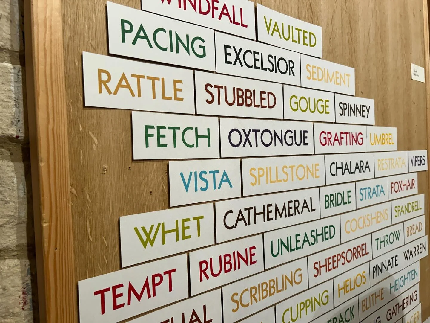 &lsquo;Valley Field&rsquo; text installation at &lsquo;Margins&rsquo; @ruskinmillgallery Nailsworth until 22nd December. Words from a walk up a local valley, colour coded. #margins #textinstallation #kabel #valleyfield #colourcode #vispo #awalk