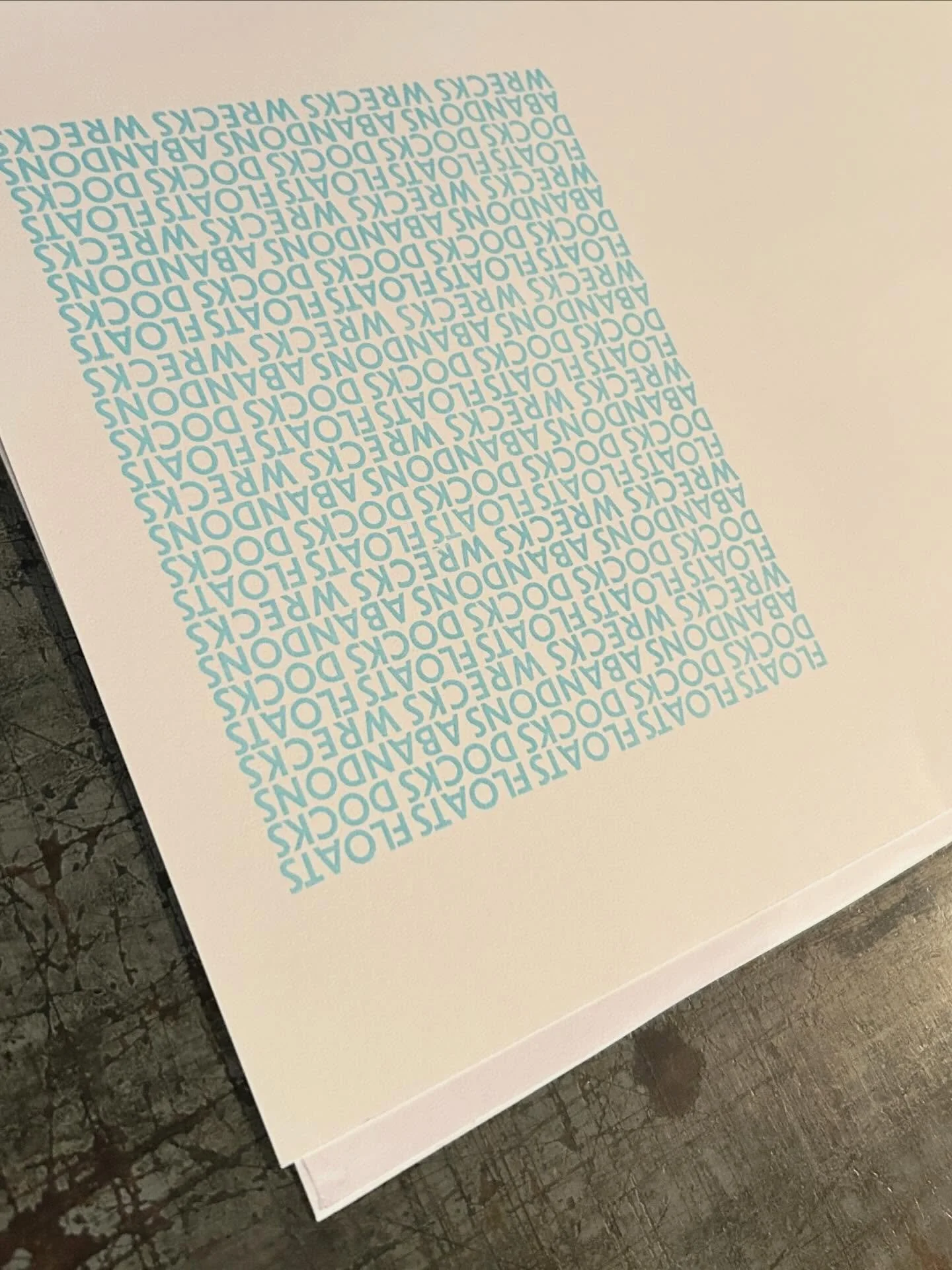 Page for &lsquo;Making Landfall&rsquo; book for exhibition @lansdownhall with @mariastadnicka and Mark Mawer 4th-8th March. Not enough type to print this in one - so a major test of alignment&hellip; #lansdowngallery #vispo #duckeggblue #boatwreck #a