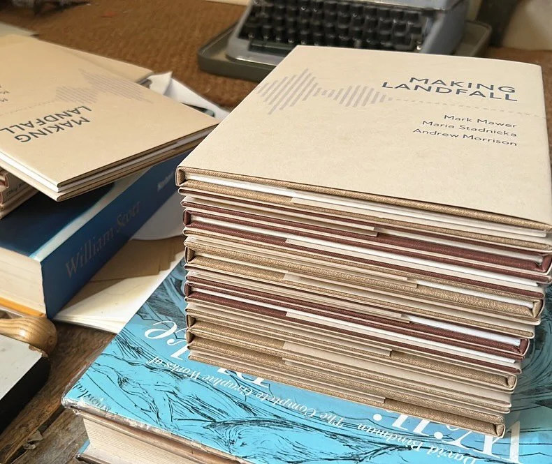 More &lsquo;Landfall&rsquo; books in the William Blake, William Scott floor press. Edition of 60 with @mariastadnicka and Mark Mawer. #makinglandfall #handmade #letterpresspoetry #granby #slightbookclothcolourvariation