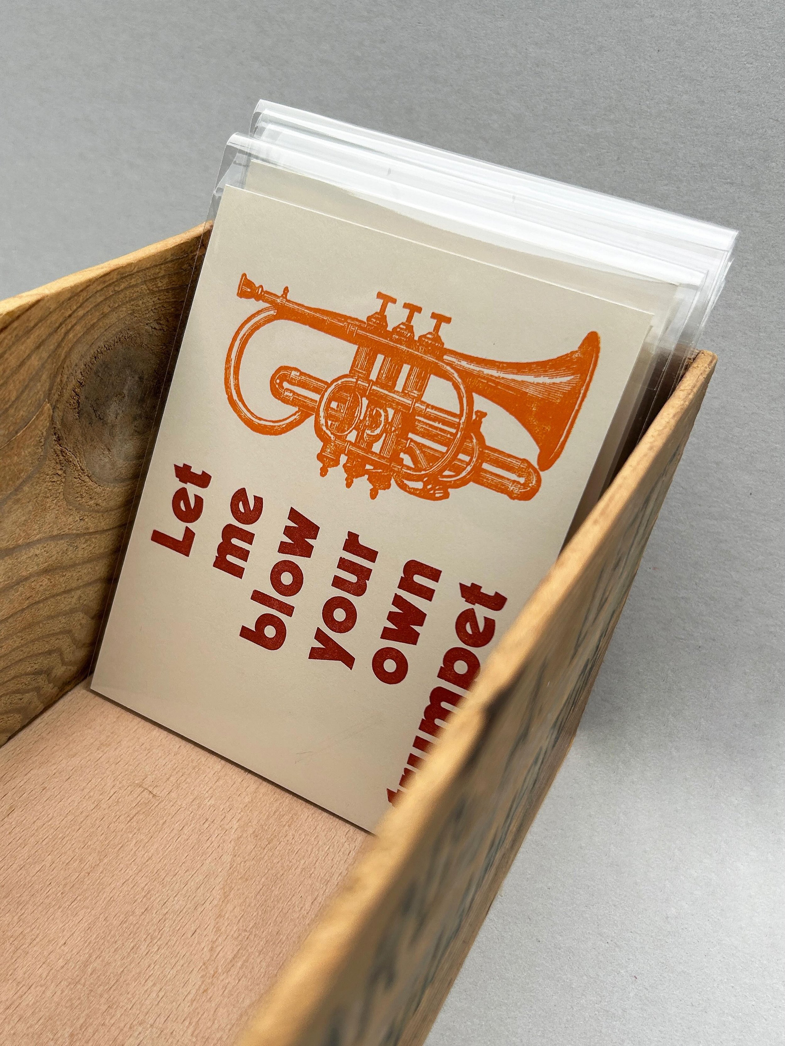 New postcard. This one for #bristolartistsbookevent later in the month #trumpet #artistspostcards #letterpresscards
