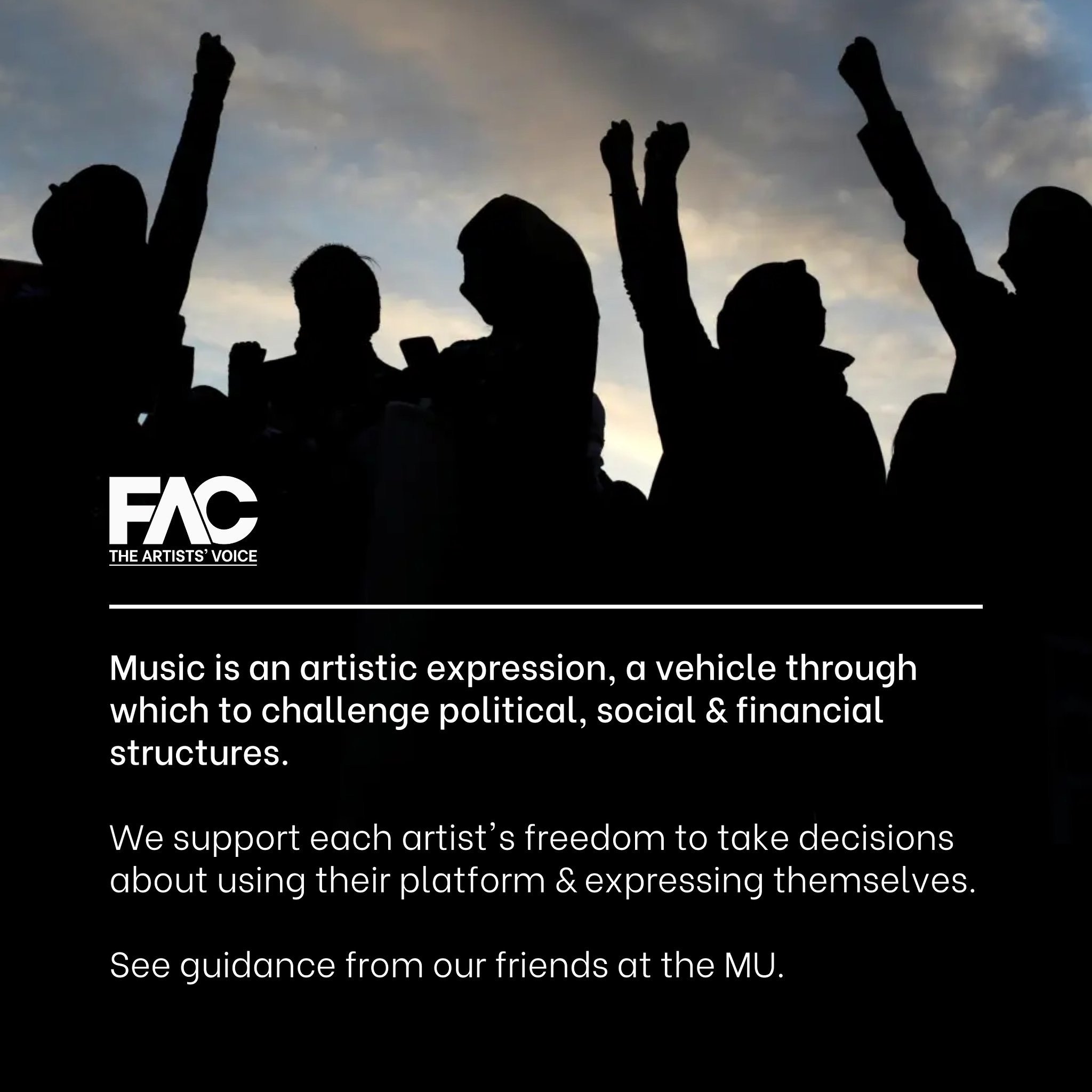 🎵Music is an&nbsp;artistic expression, a vehicle through which to challenge political, social &amp; financial structures.

We support each artist&rsquo;s freedom to take decisions about using their platform &amp; expressing themselves. 

See guidanc