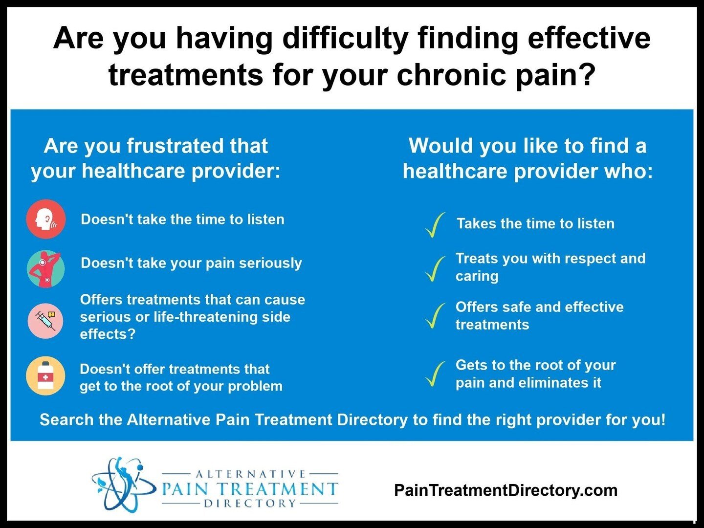 Find alternative healthcare practitioners who can help with pain here: https://buff.ly/39w3VPs
--
#painrelief #pain #holistichealth #painreliefoptions #chronicpain