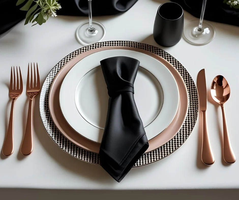 Yes, you can mix metals and bold colors! The Rose gold flatware adds just the right amount of warmth and glam, even with a moody black tablescape. It&rsquo;s the unexpected pop that makes your place settings unforgettable. Would you pair rose gold wi