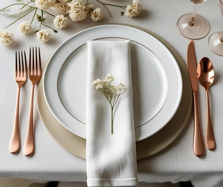 Rose gold flatware + soft flowers = WEDDING MAGIC!

The mix of rose gold with ivory and beige flowers gives your table a warm and pretty look. It&rsquo;s simple, elegant, and just right for a classic wedding style. Would you use rose gold for your bi