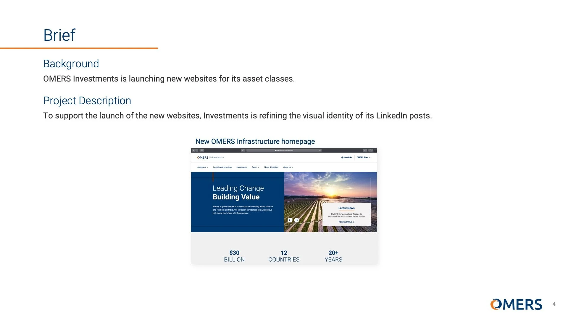 "Brief" on slide 4 of OMERS Investments: LinkedIn Visual Identity Guidelines designed by Margaux Parker.