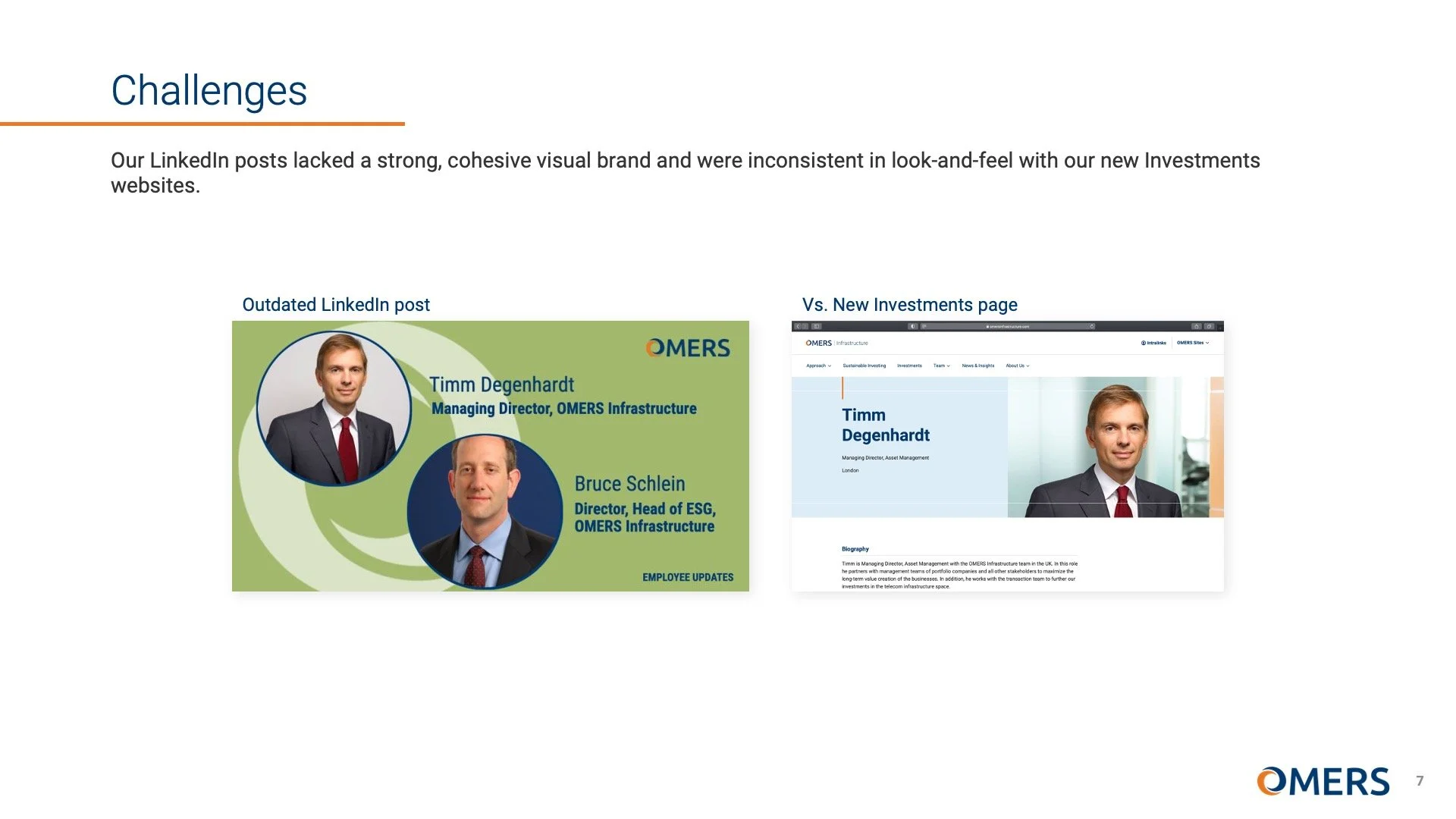 "Challenges" on slide 7 of OMERS Investments: LinkedIn Visual Identity Guidelines designed by Margaux Parker.