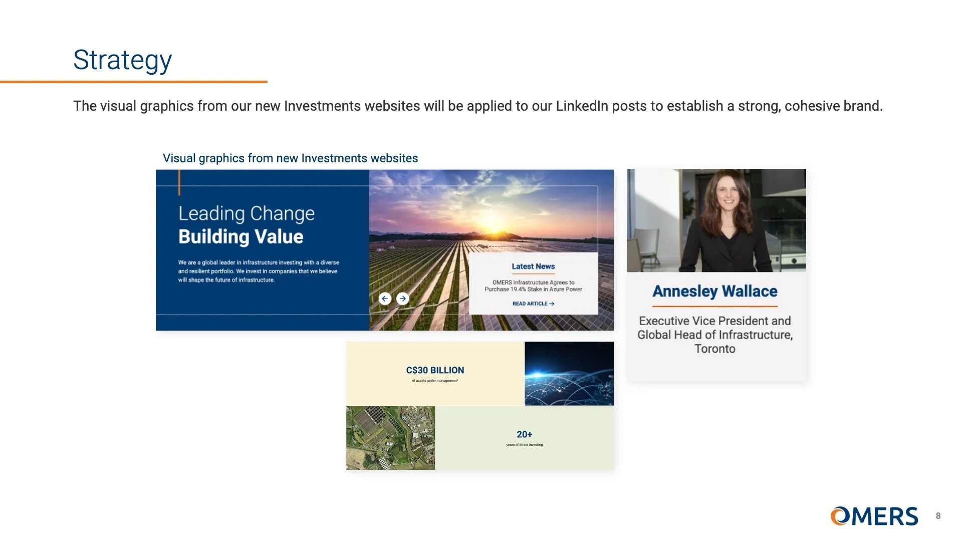 "Strategy" on slide 8 of OMERS Investments: LinkedIn Visual Identity Guidelines designed by Margaux Parker.