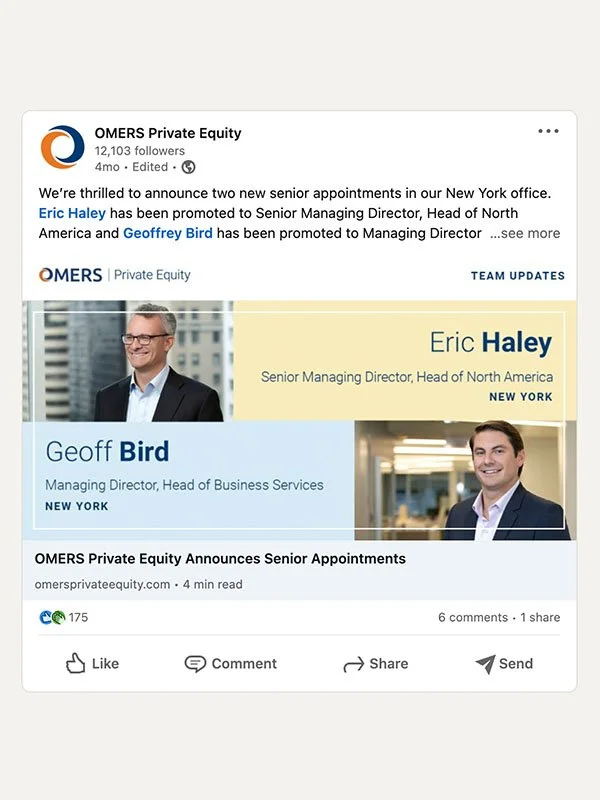 LinkedIn post by OMERS Private Equity on team updates, created from new visual identity guidelines and social media templates designed by Margaux Parker.