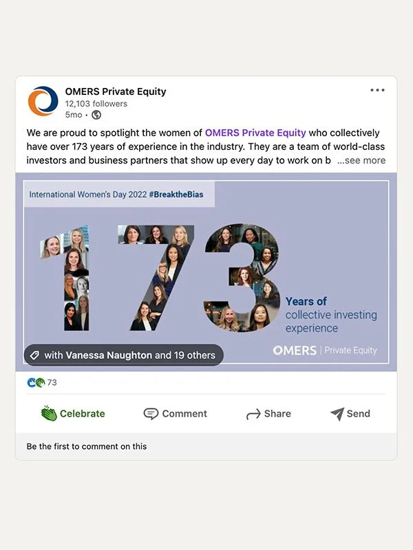 LinkedIn post by OMERS Private Equity on International Women’s Day 2022, created from new visual identity guidelines and social media templates designed by Margaux Parker.