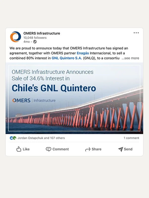 LinkedIn post by OMERS Infrastructure on investment transactions, created from new visual identity guidelines and social media templates designed by Margaux Parker.