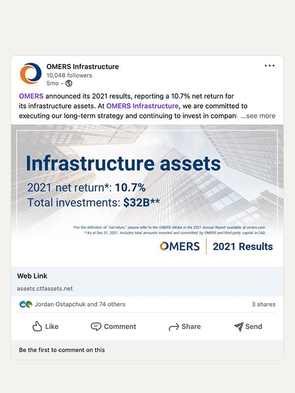 LinkedIn post by OMERS Infrastructure on 2021 Net Return, created from new visual identity guidelines and social media templates designed by Margaux Parker.
