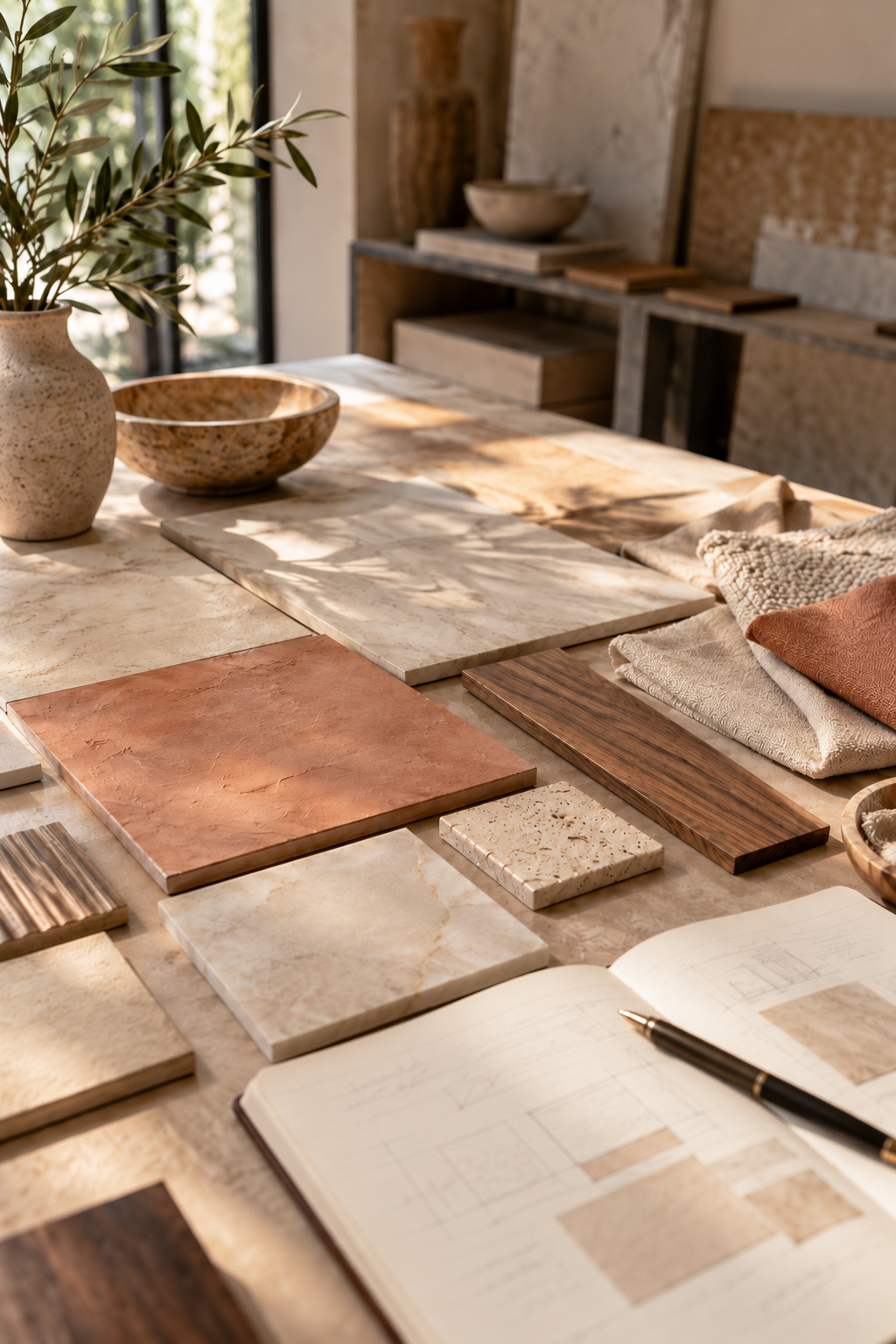 Material samples of plaster, travertine, wood, and fabric arranged on a studio table beside an open notebook with plan sketches.