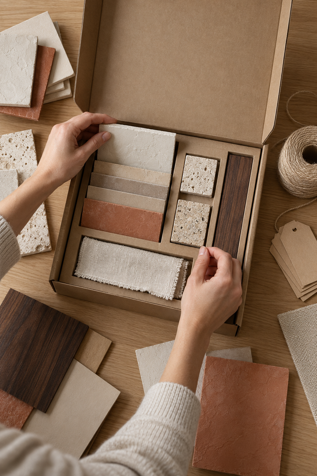 Hands arranging plaster, travertine, wood, and fabric samples into a fitted kraft sample box on an oak worktable.