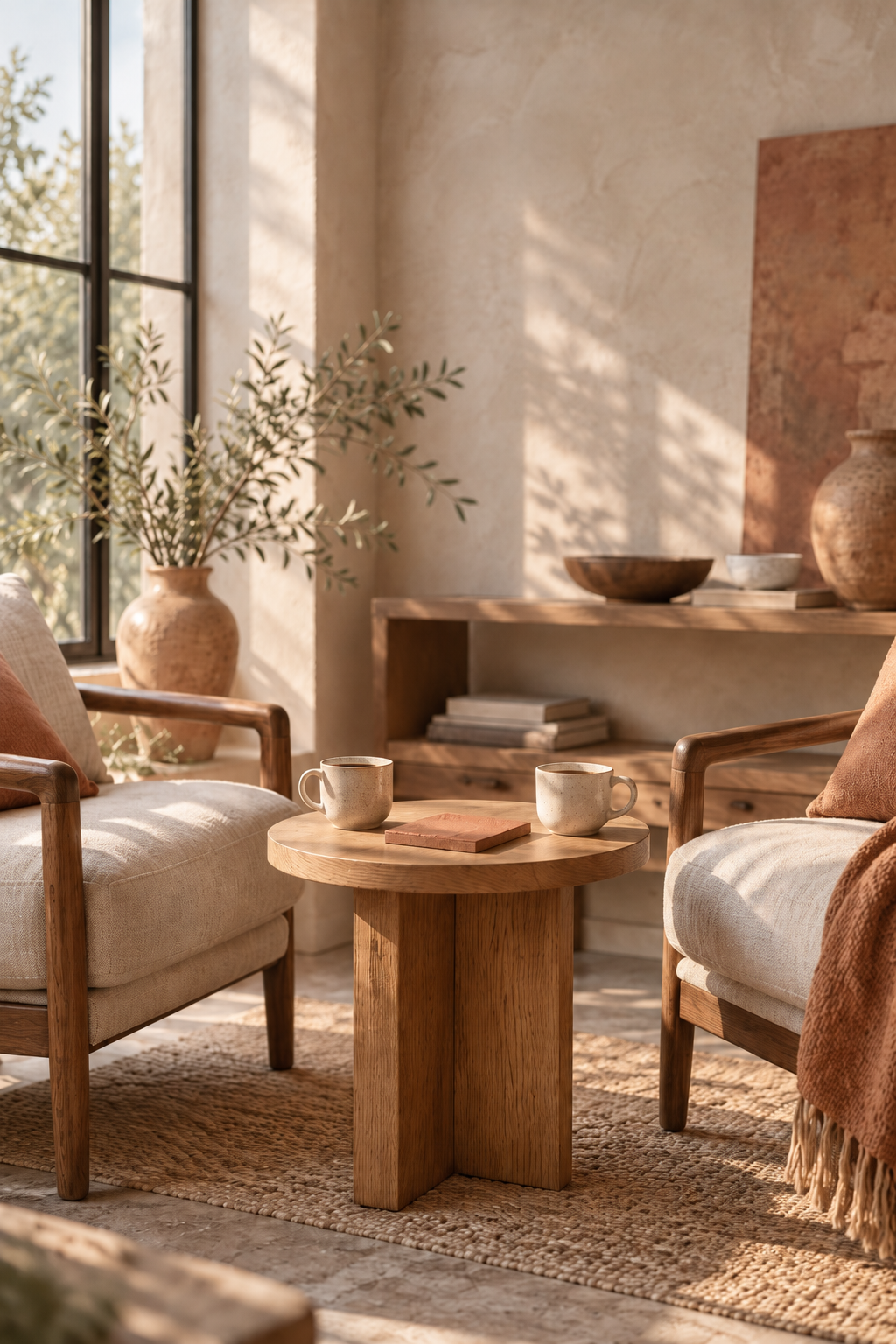Two linen armchairs facing a round oak table with two coffee cups, in a warm limewash-walled room with afternoon light.